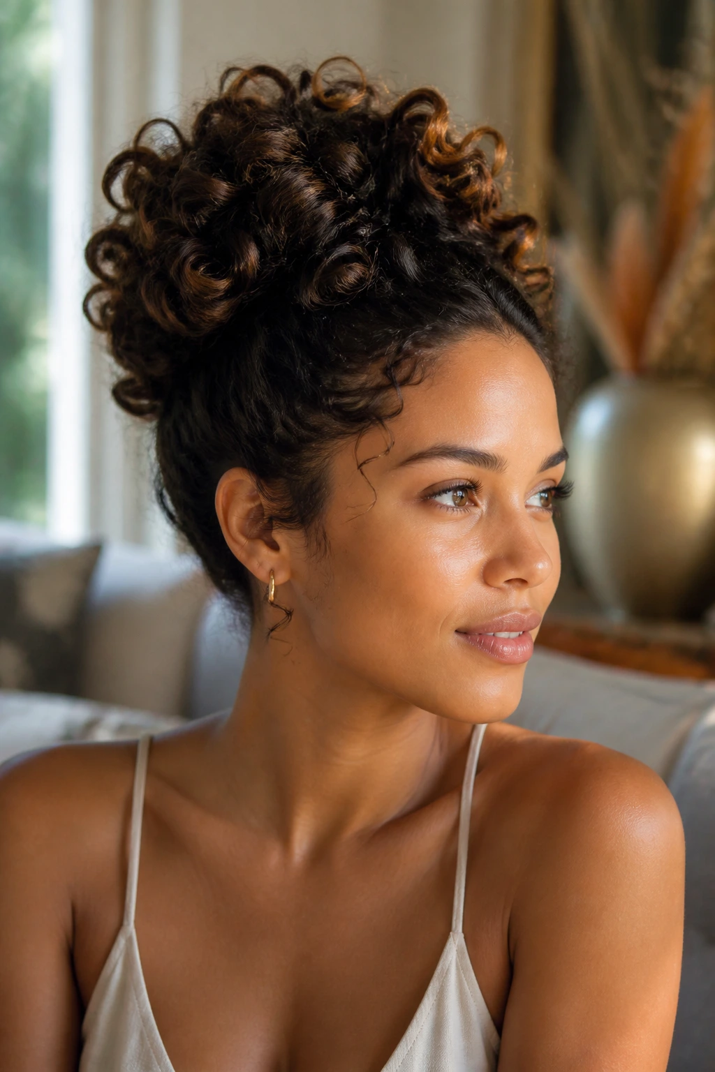 Portrait of real woman with a sculpted curly crown bun