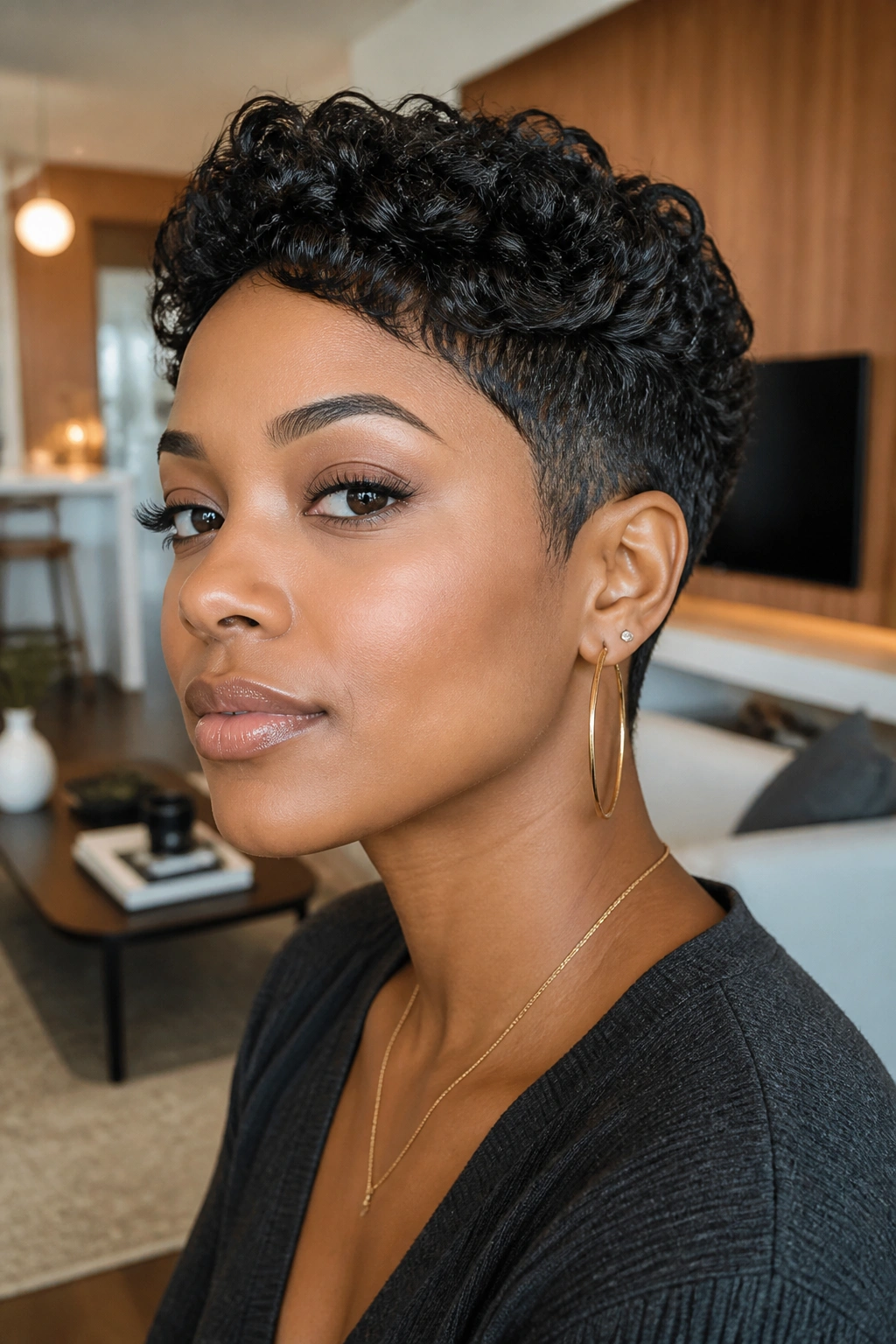 Close-up of a real woman with sculpted curly pixie and well-defined sides in a modern living room