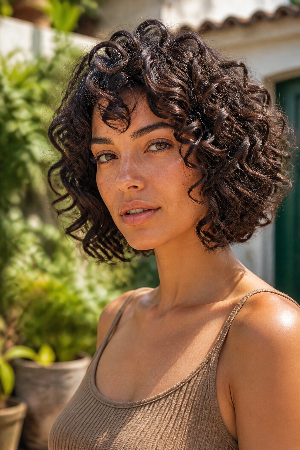 Close-up of a real person with a sculpted natural curl bob in a sunlit outdoor courtyard.