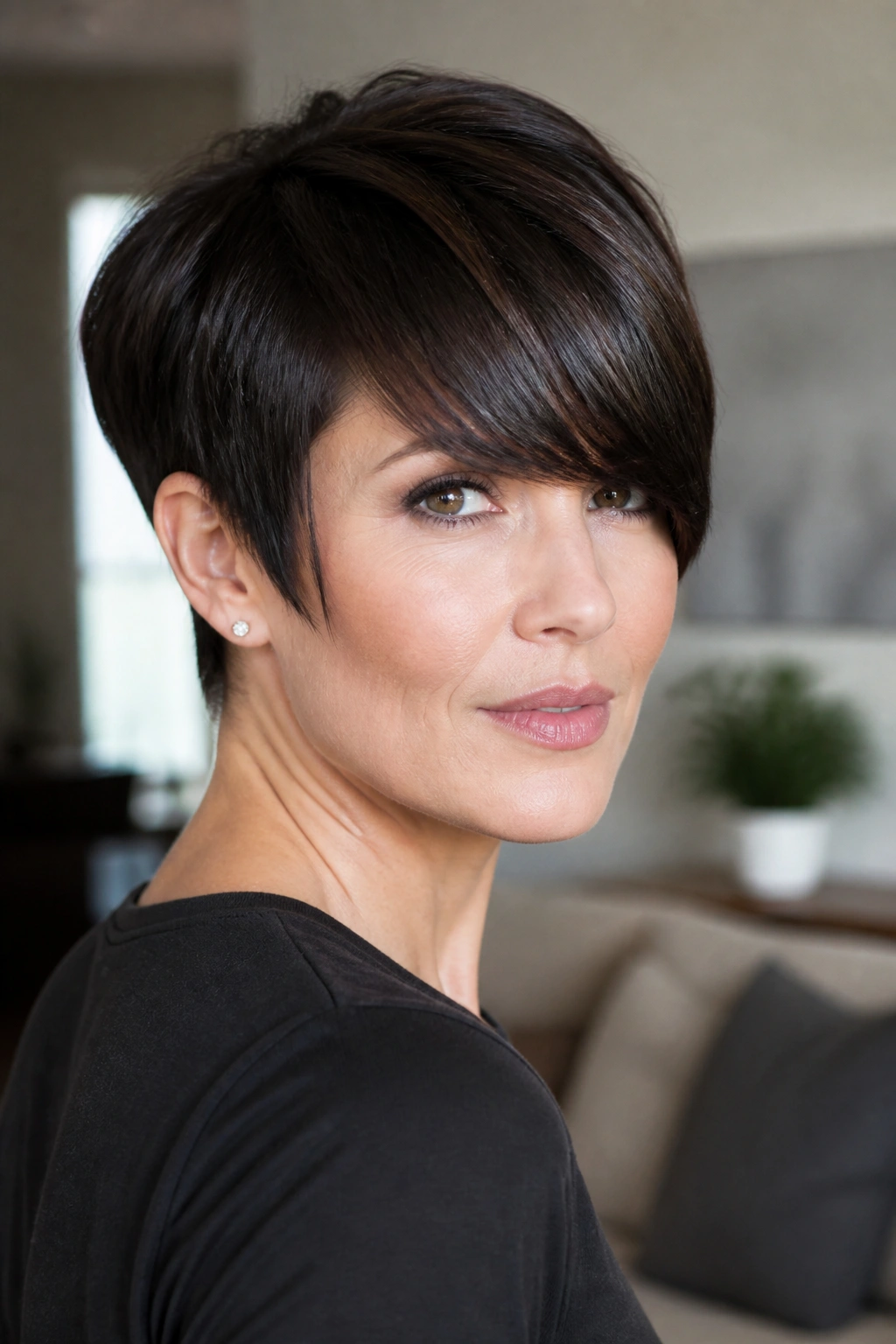Real woman with sculpted pixie and long fringe, head-and-shoulders portrait.
