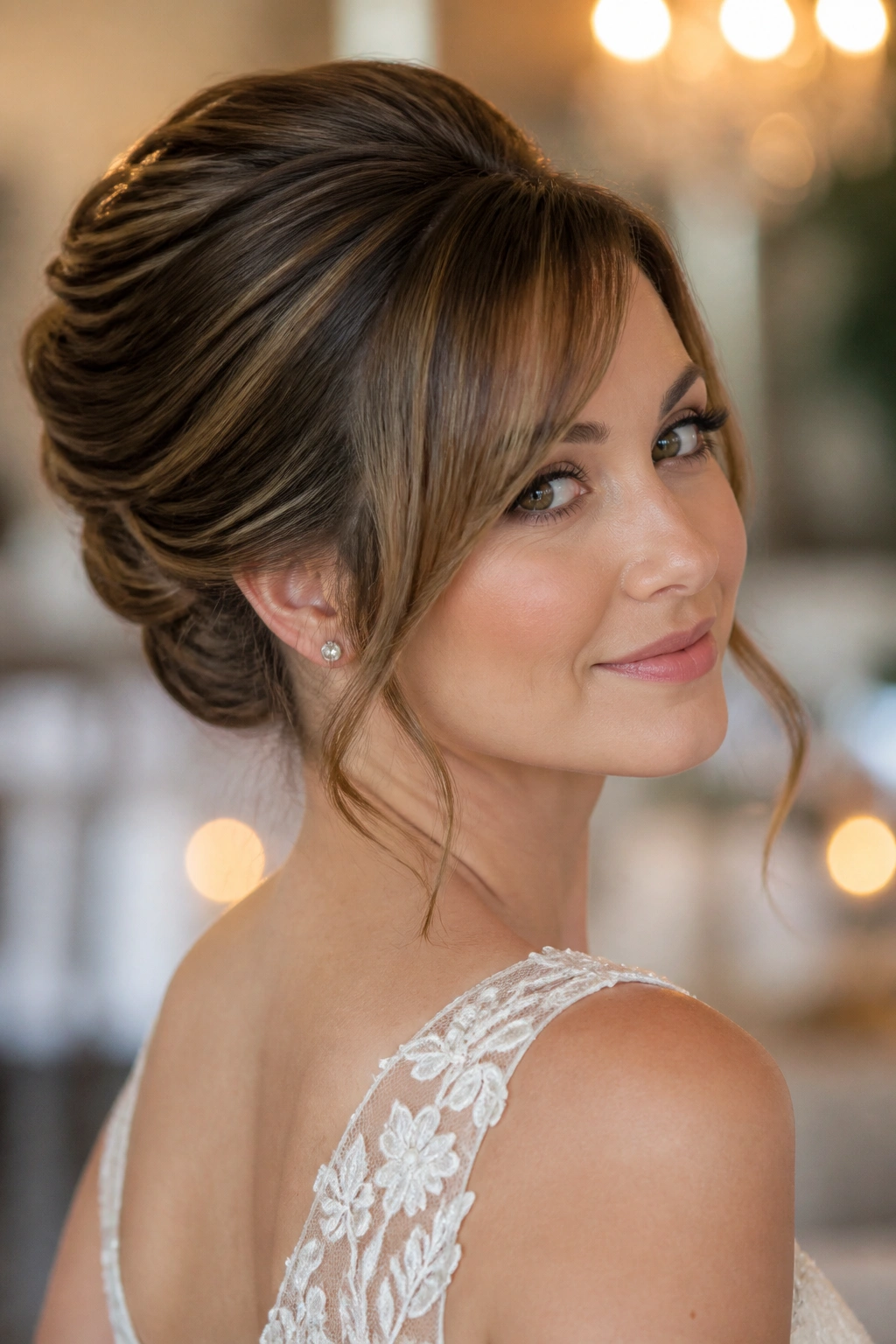 Bride with sculpted shell updo and soft side bangs