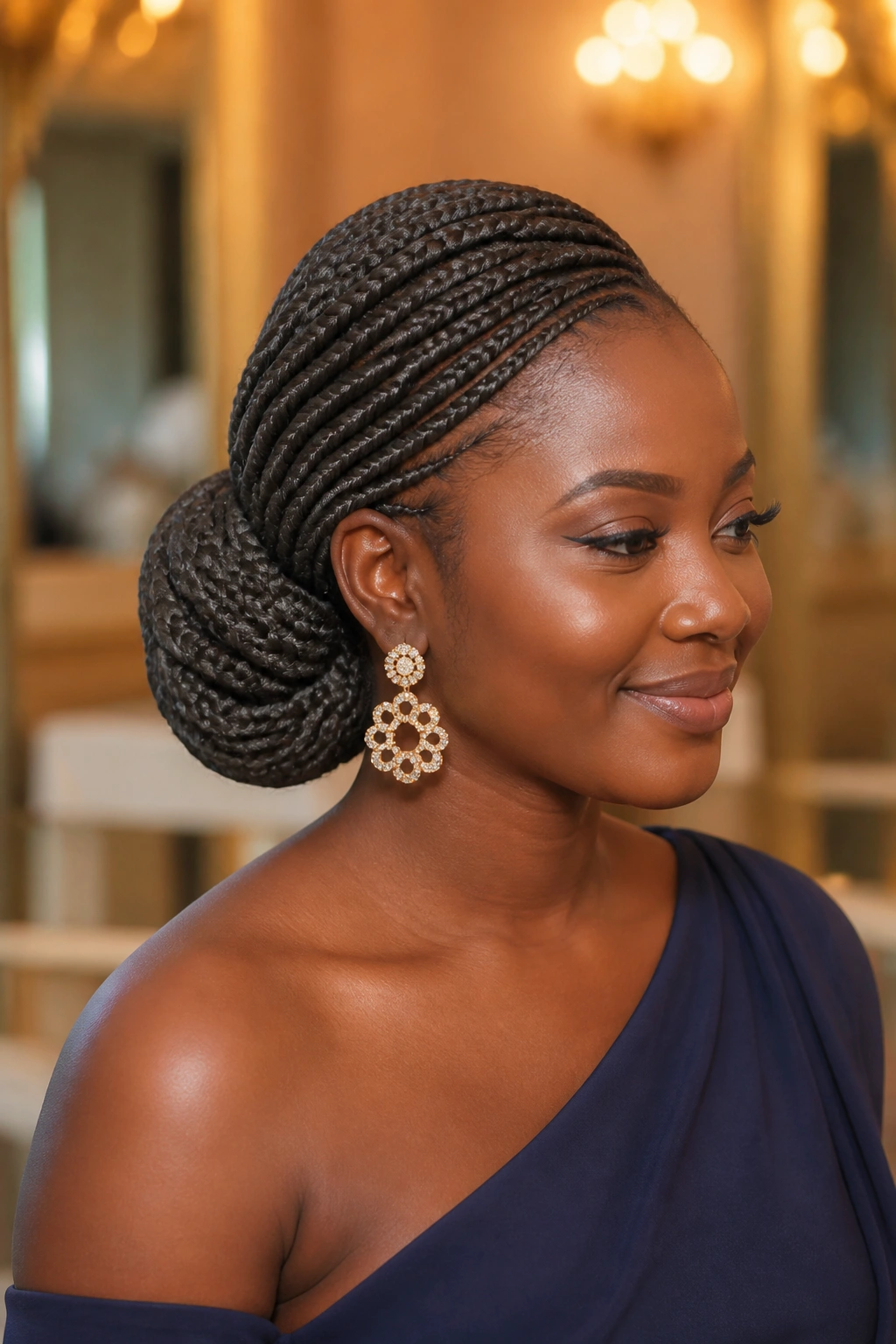 Close-up of a real Black woman with a sculpted side chignon made from lemonade braids