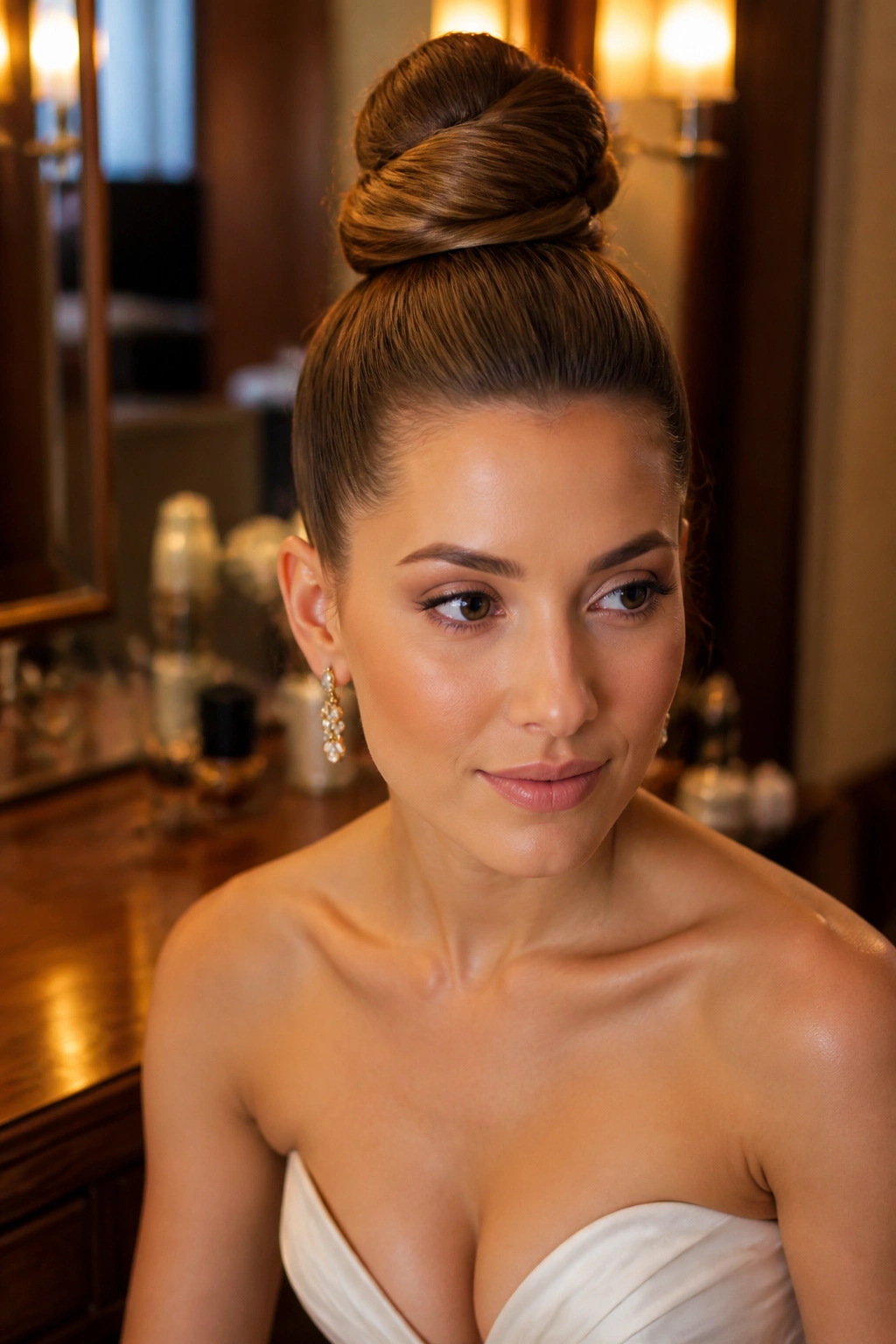 Close-up of a real woman with a sculpted top knot