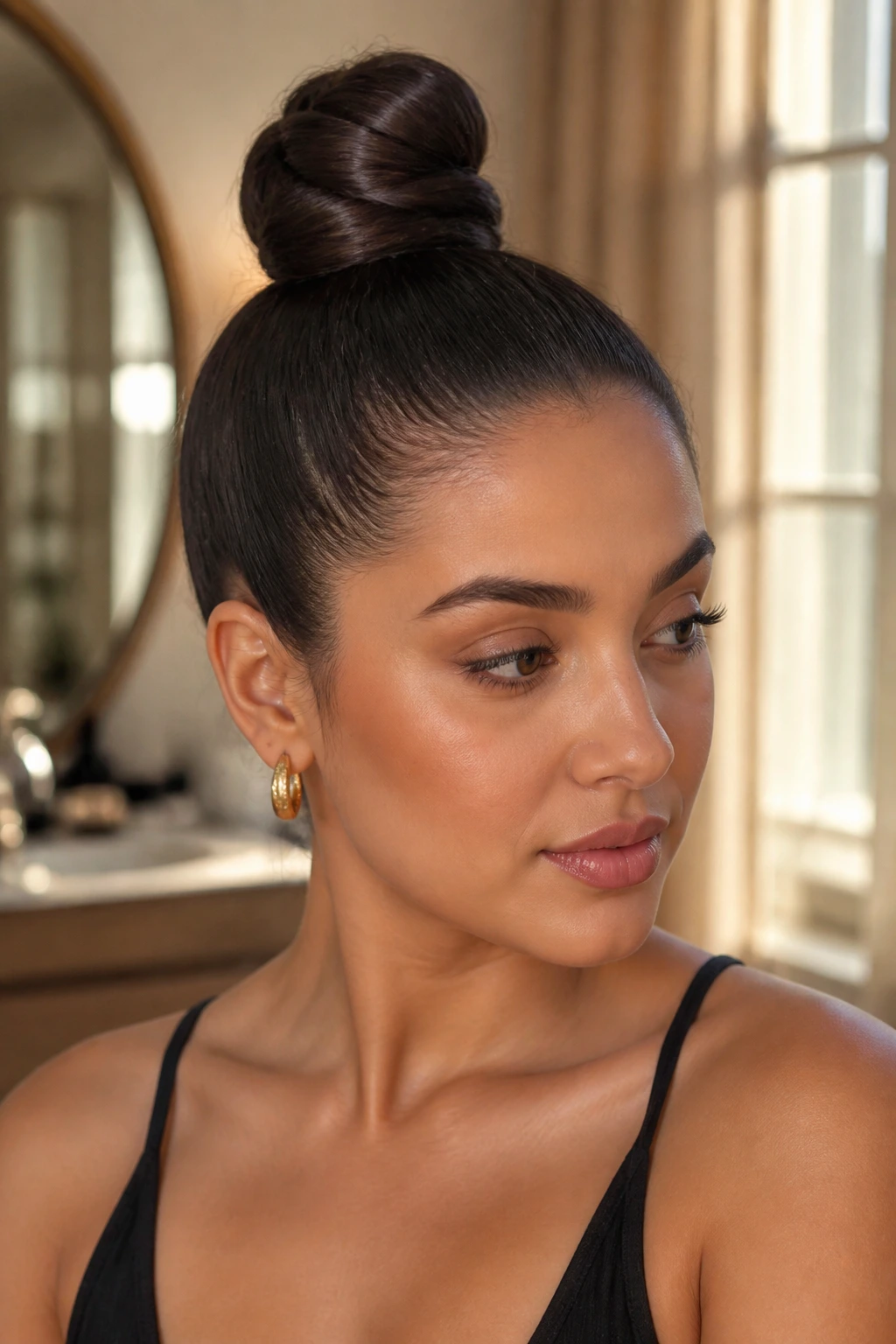 Close-up of a real woman with a sculpted top knot at the crown