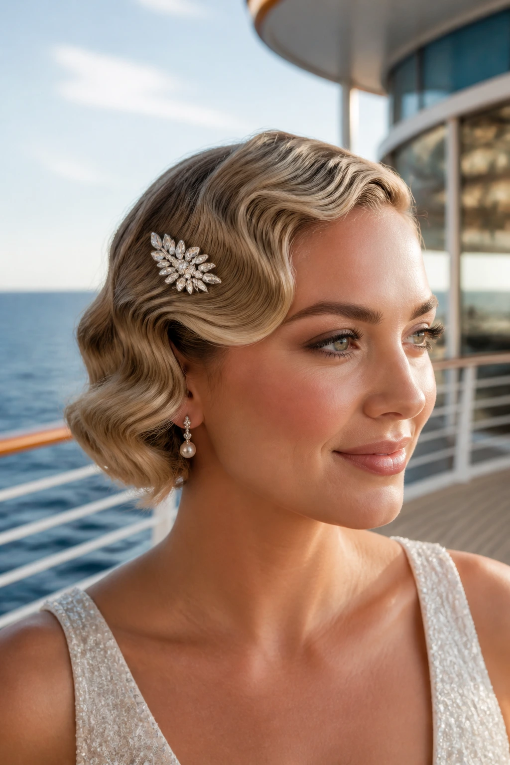 Short hair sculpted waves with jeweled clip on cruise