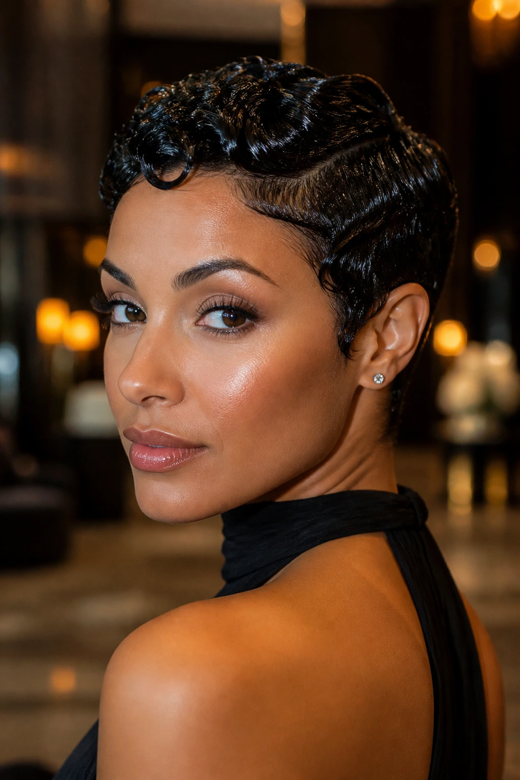Close-up of a real woman with sculpted wet-look pixie and glossy curls.