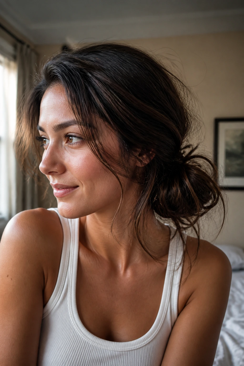 Close-up of a real woman with a low messy side bun showing second-day texture