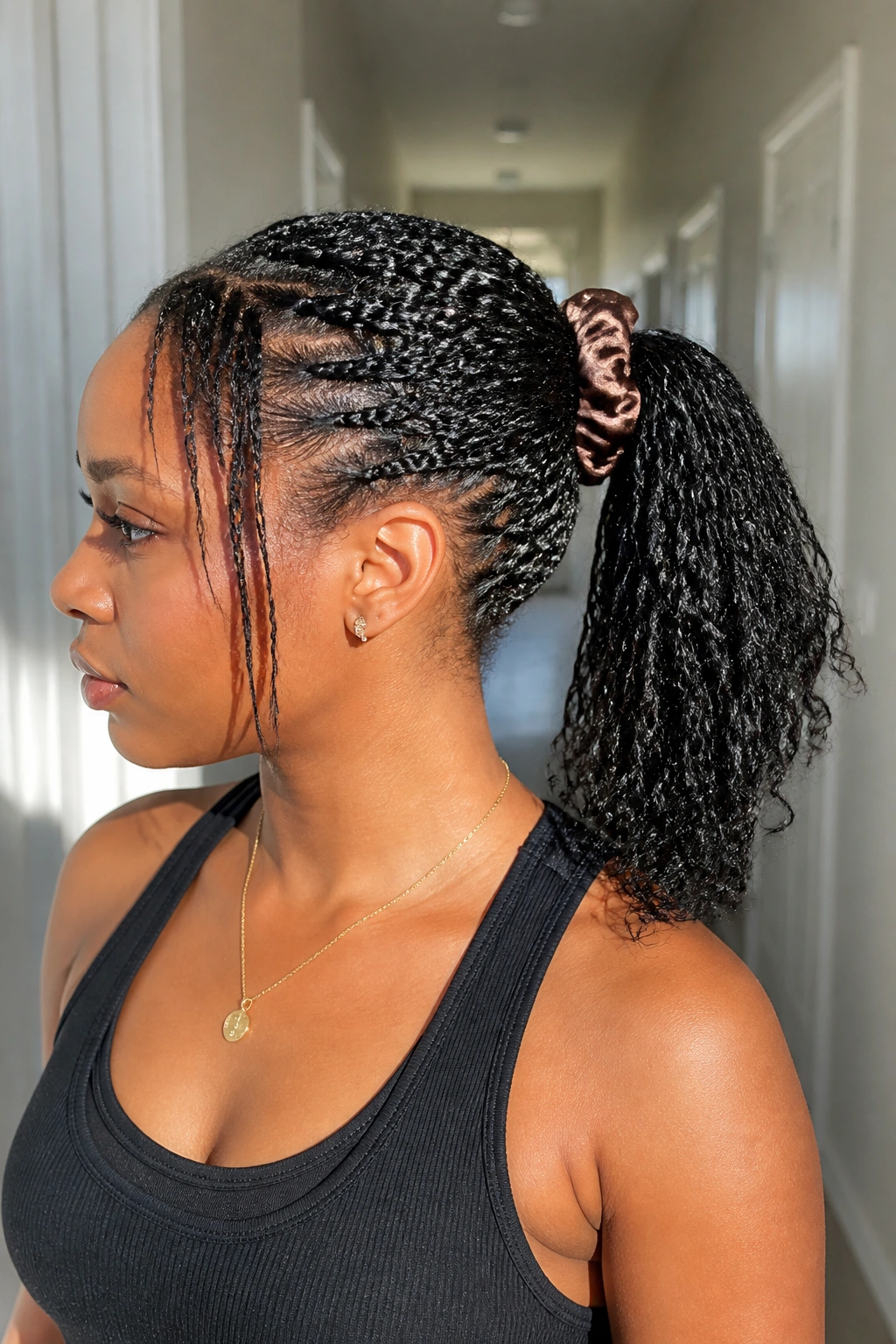 Portrait of a real person with a five-minute second-day twist ponytail