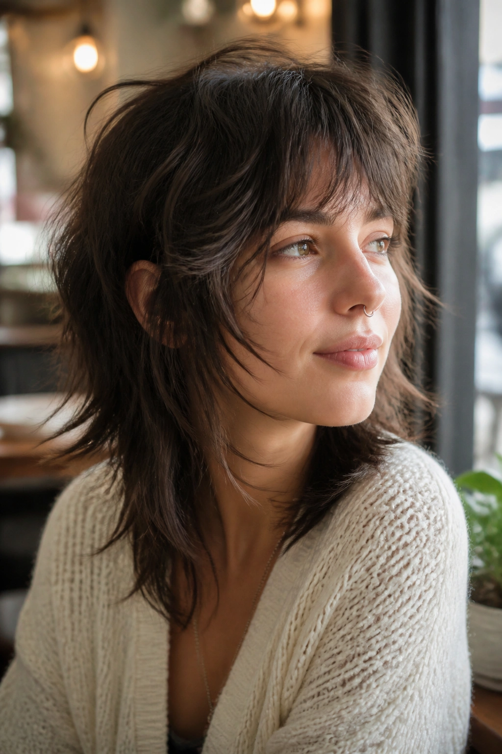 Close-up portrait of a real person with Second-Day Hair Wolf Cut showing natural bedhead texture