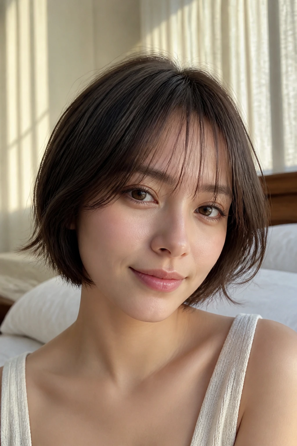 Close-up portrait of a real woman with see-through air bangs in a sunlit bedroom