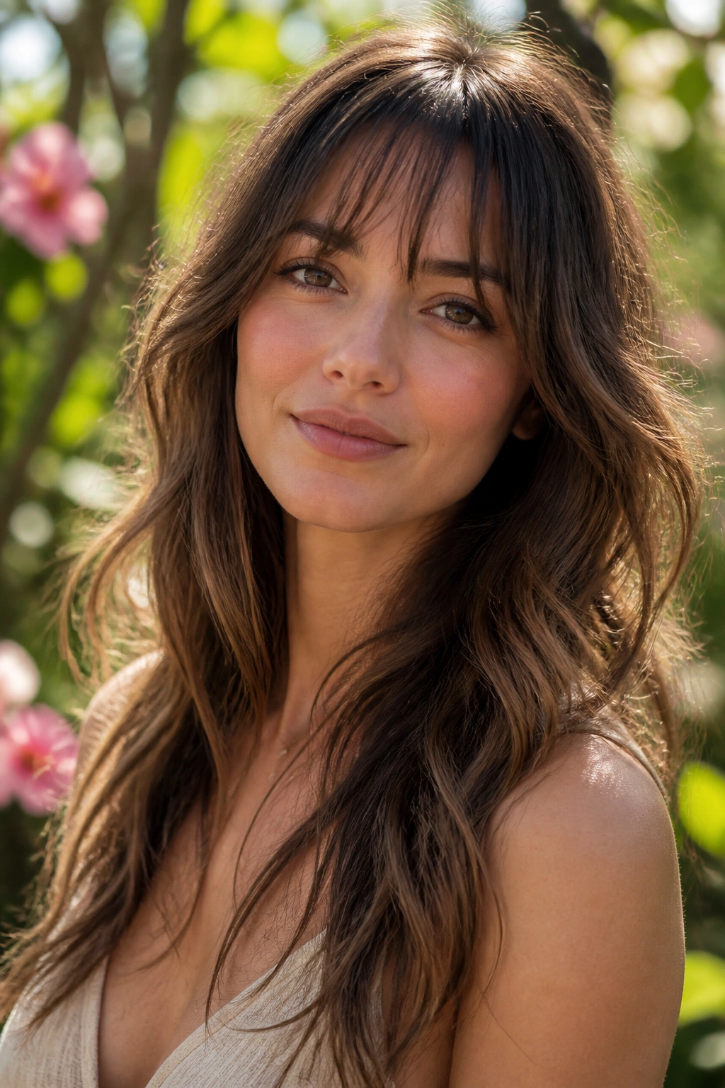 Portrait of a woman with see-through bangs and boho shag in a sunlit garden.
