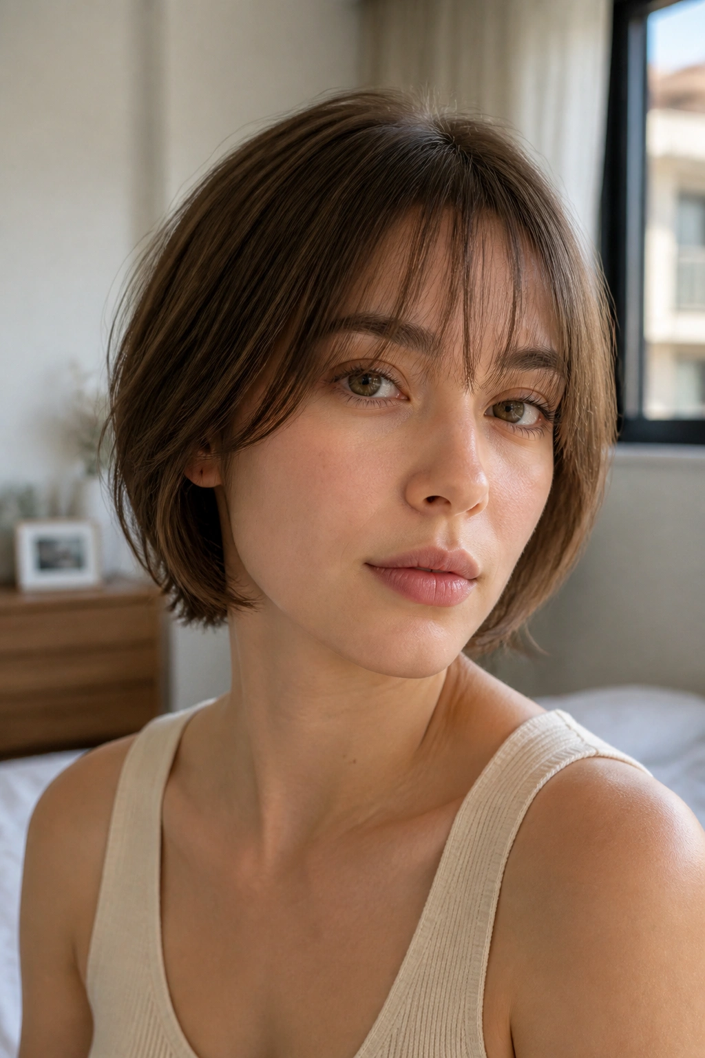 Close-up of a real woman with brow-grazing see-through bangs in soft window light.