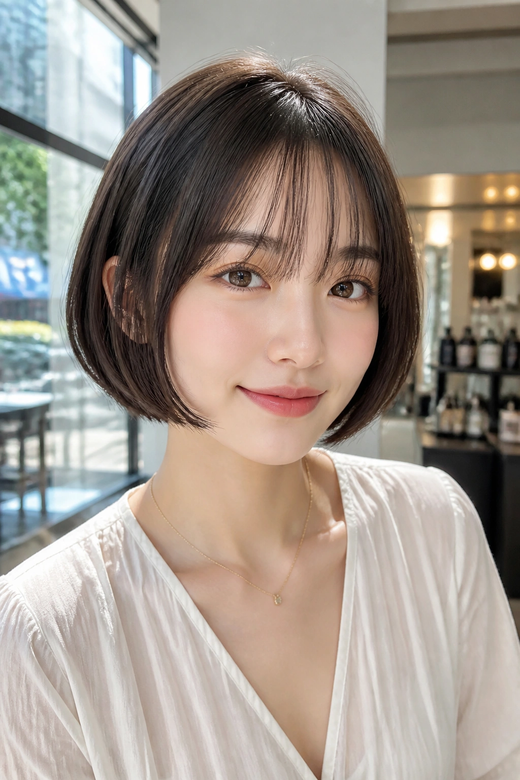 Close-up of a woman with a chin-length bob and see-through bangs