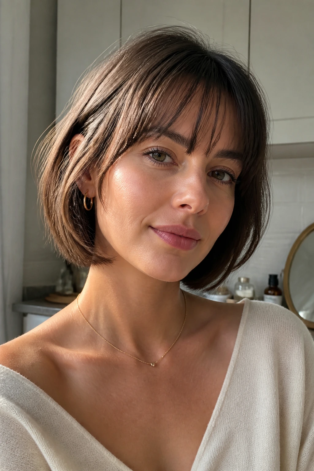 Close-up of a real woman with see-through bangs in a morning-lit kitchen area