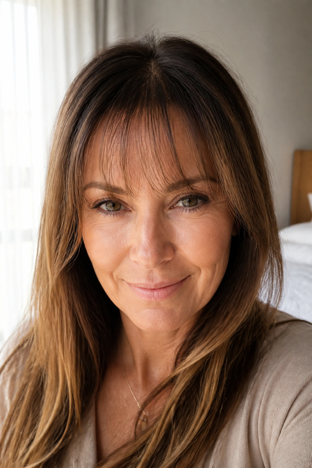 Real woman with see-through bangs showing a light forehead line