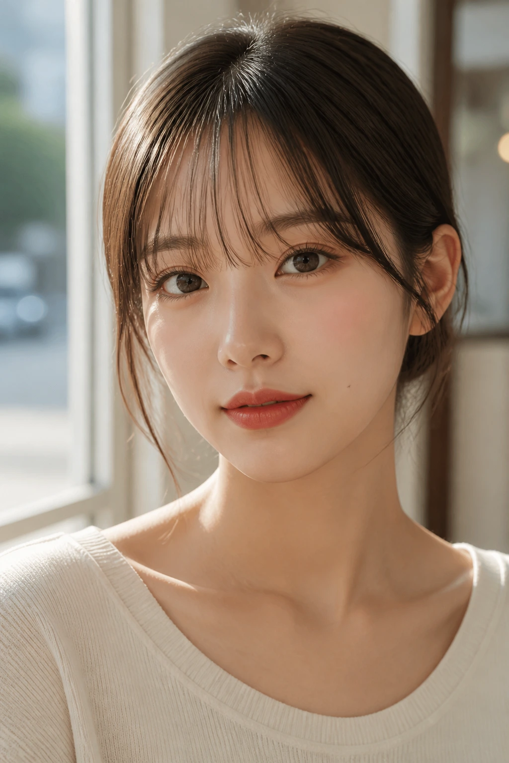 Profile close-up of see-through bangs revealing forehead in cafe light.