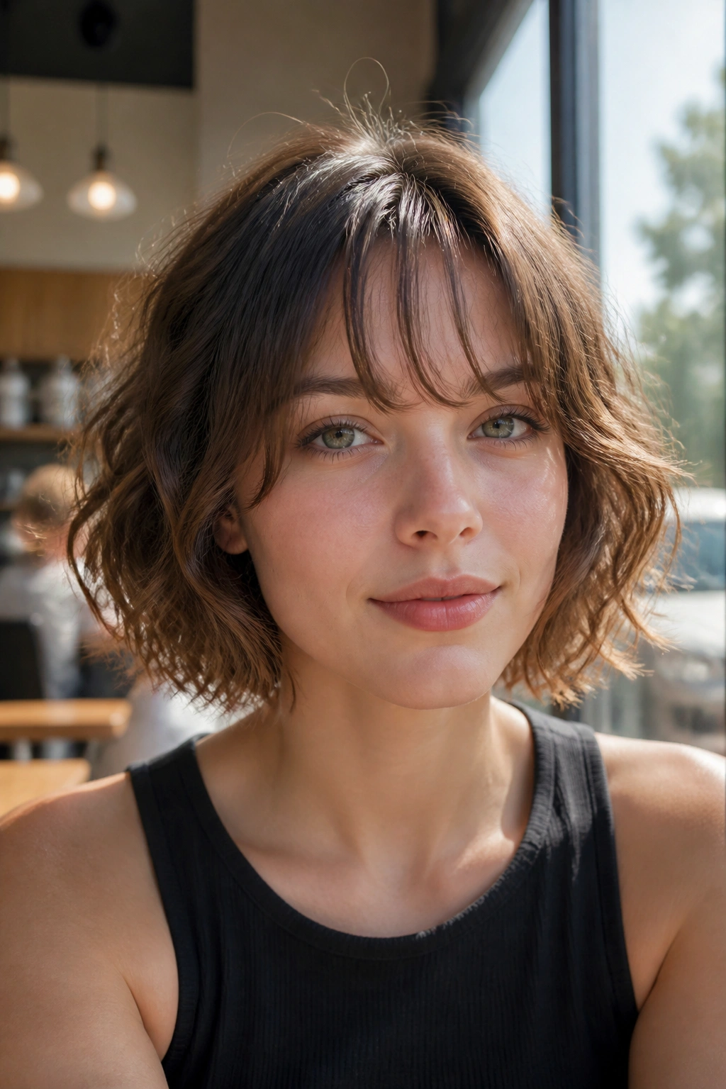 Close-up portrait of a real woman with see-through bangs on a wavy bob in a sunlit cafe setting.