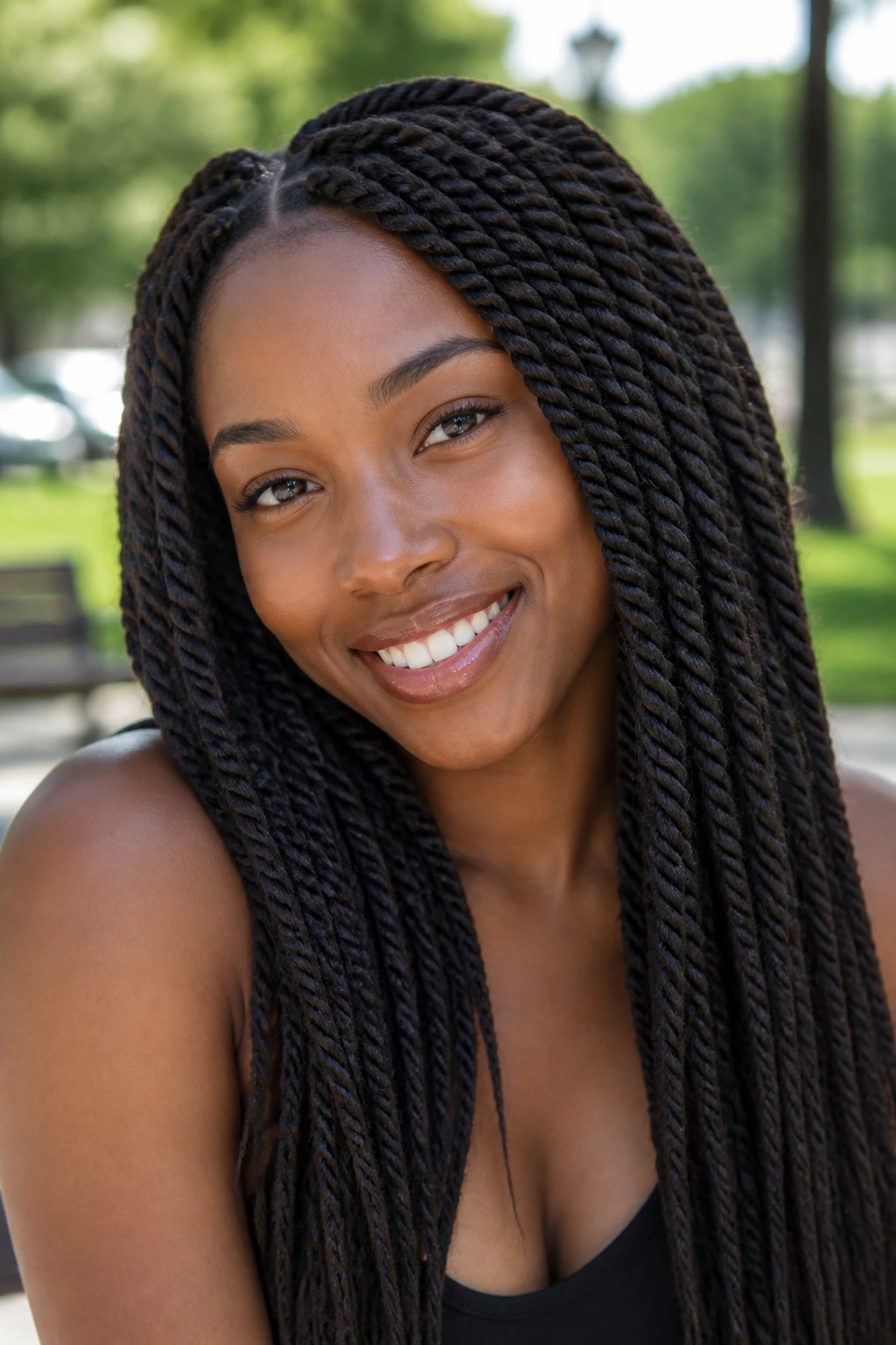 Close-up of a real woman with Senegalese twists outdoors in a park