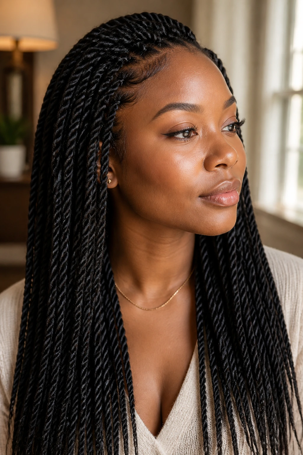 Close-up portrait of Senegalese twists on a real woman in warm light