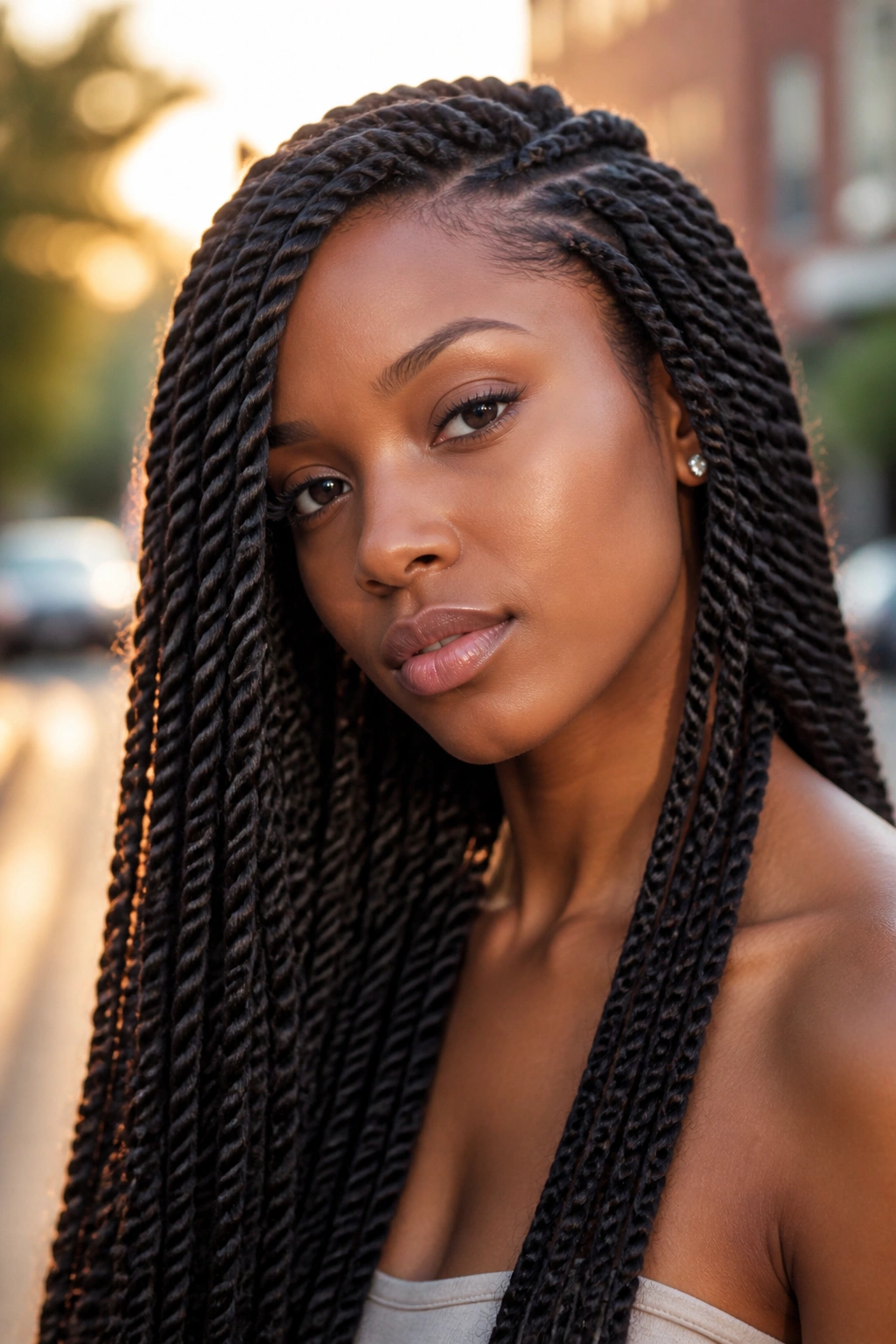 Close-up of a real person with long Senegalese twists