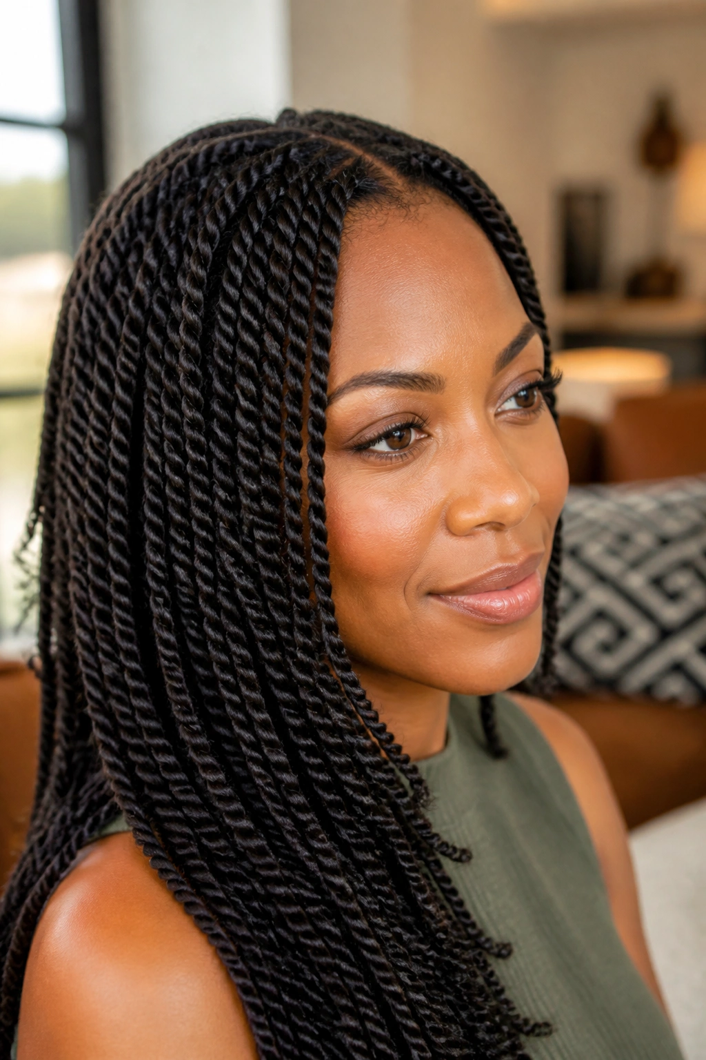 Close-up portrait of a woman with medium-sized Senegalese twists under natural window light