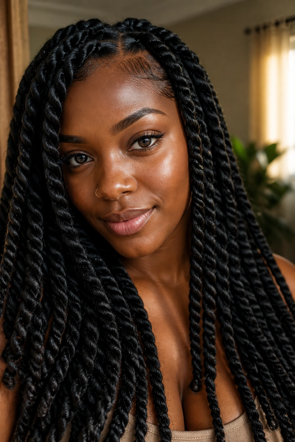 Close-up portrait of chunky Senegalese twists on a real person