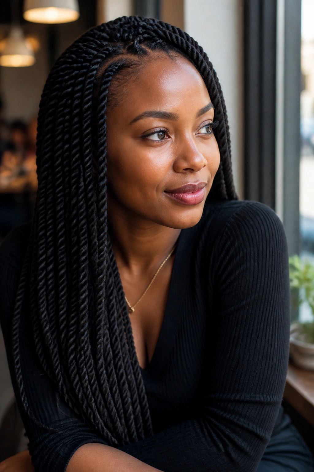 Close-up portrait of a real woman with Senegalese twists at a cafe window