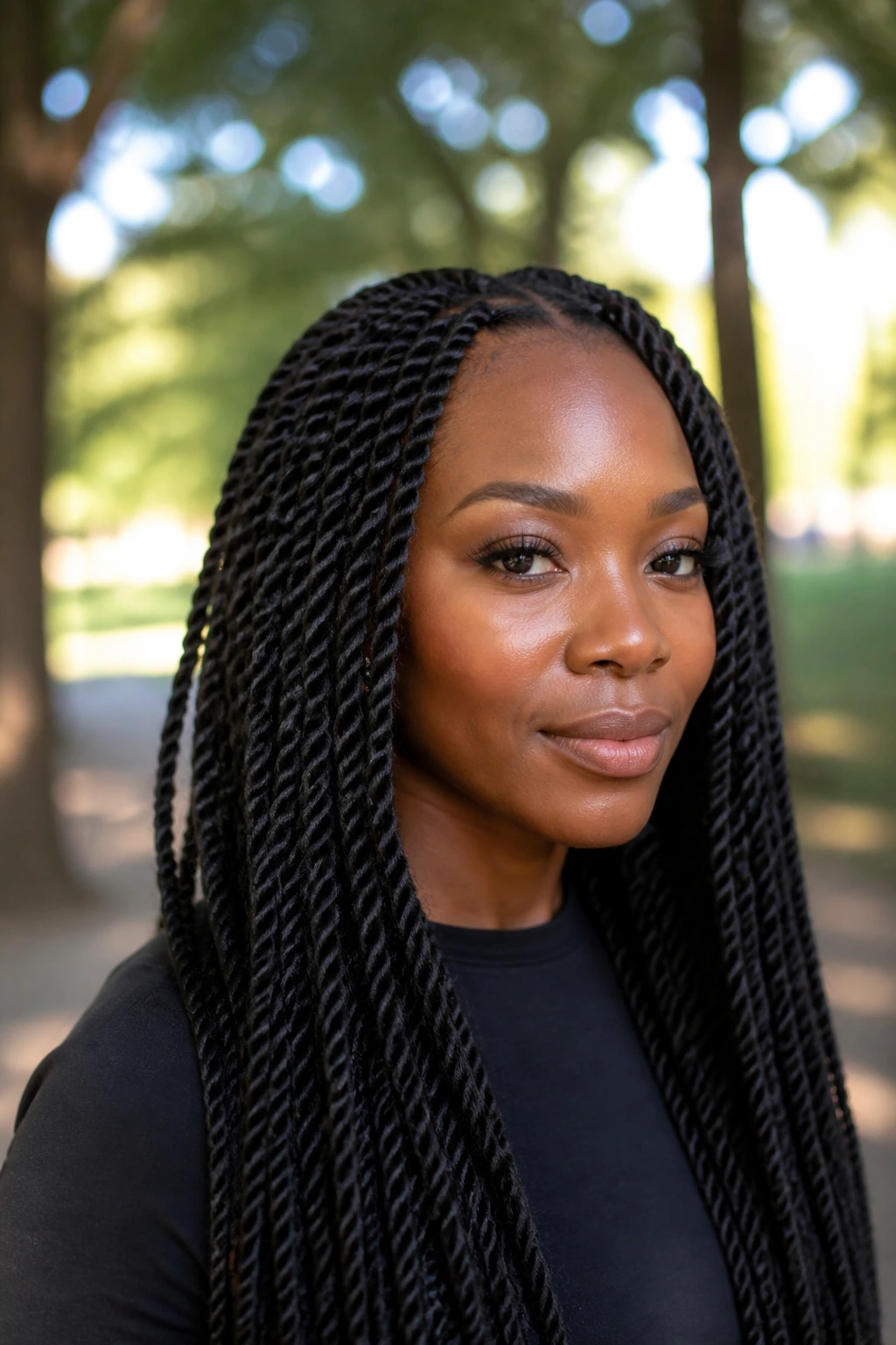 Close-up of a Black woman with Senegalese twists hanging straight and loose