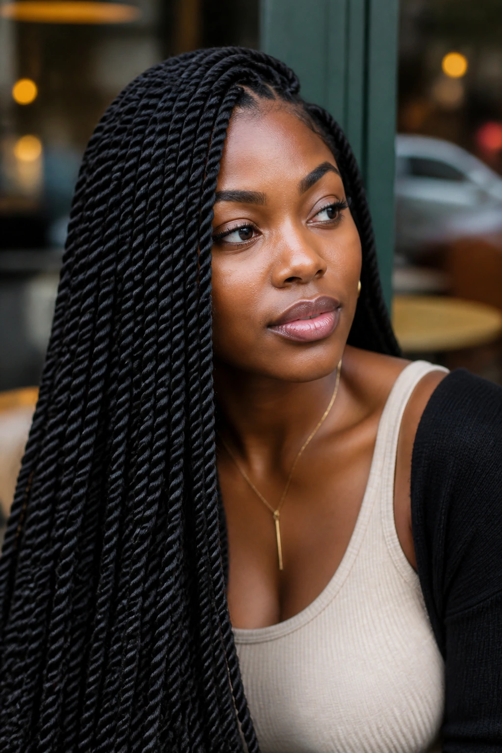 Close-up of woman with Senegalese twists on shoulder, urban backdrop