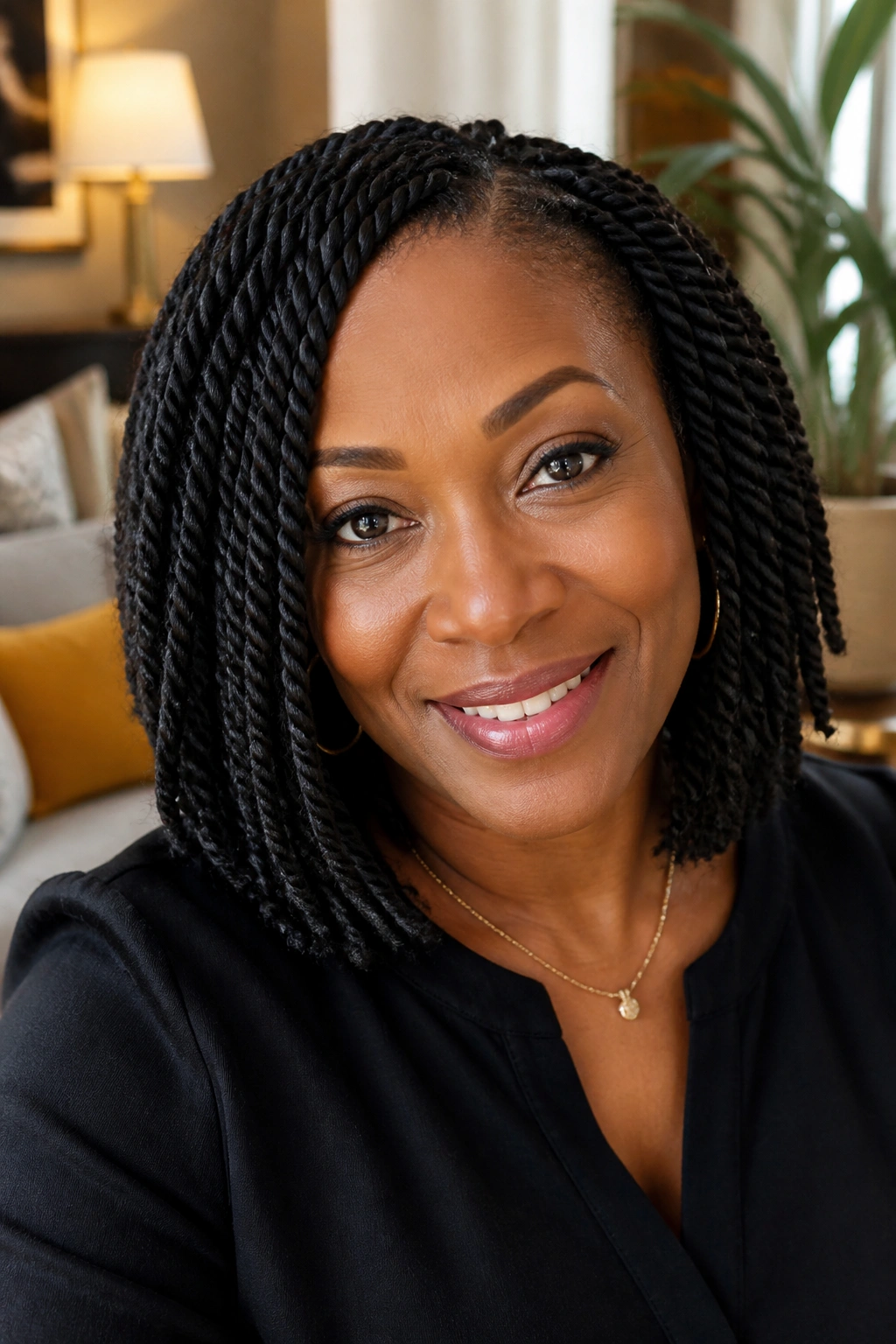 Close-up portrait of a real woman with shoulder-length Senegalese twists in warm living room light.