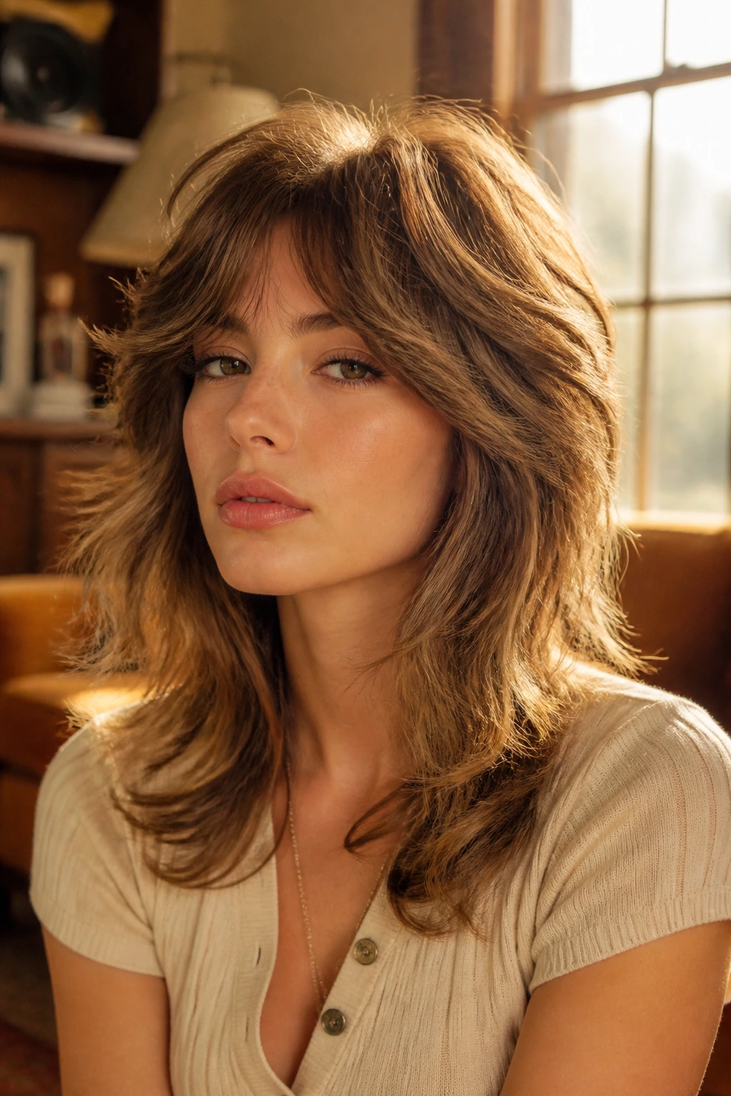 Close-up of a real person wearing Seventies-Inspired Shag with voluminous crown and feathered face-framing.