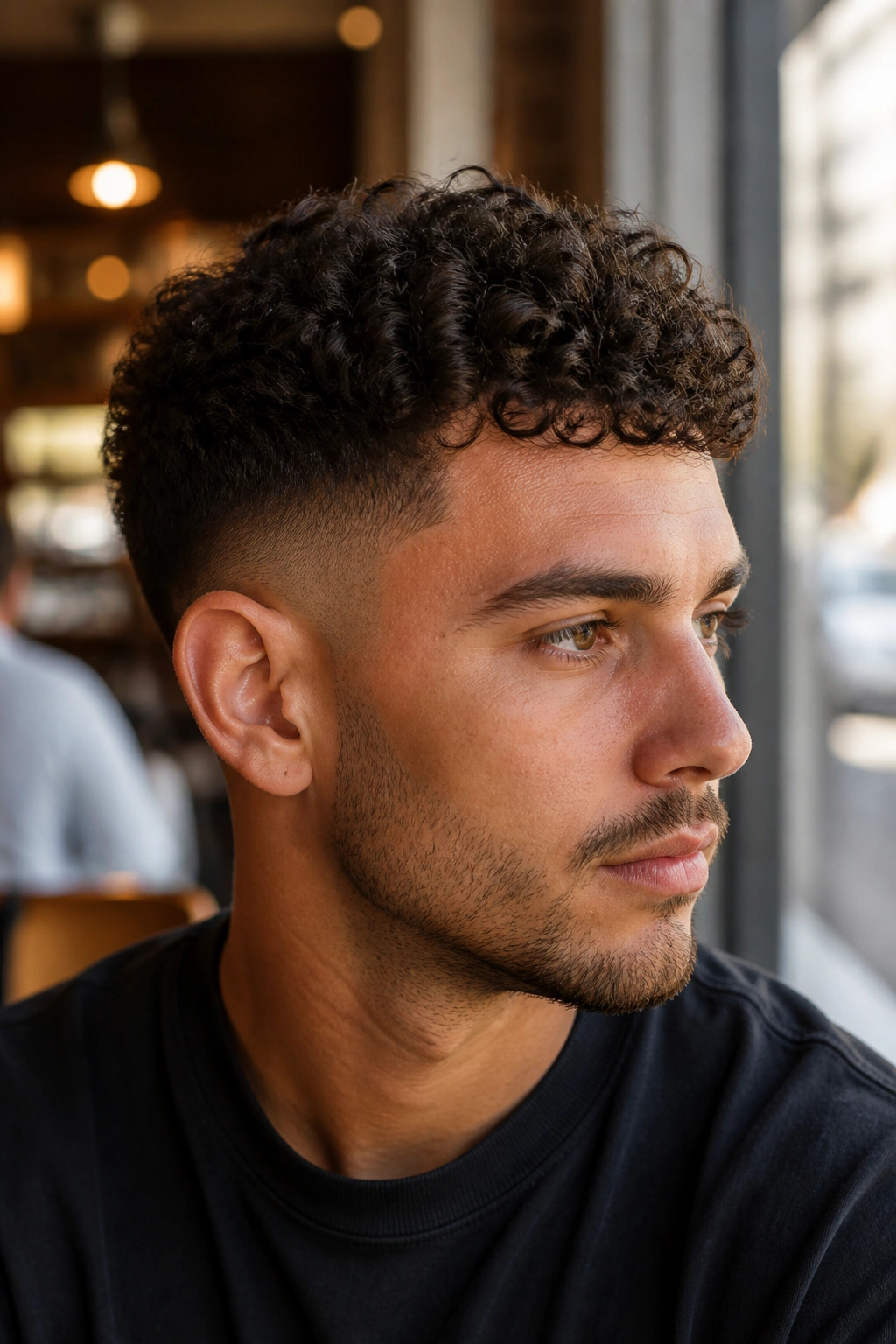 Portrait of a man with a shadow fade and medium curls, soft blending on the sides.