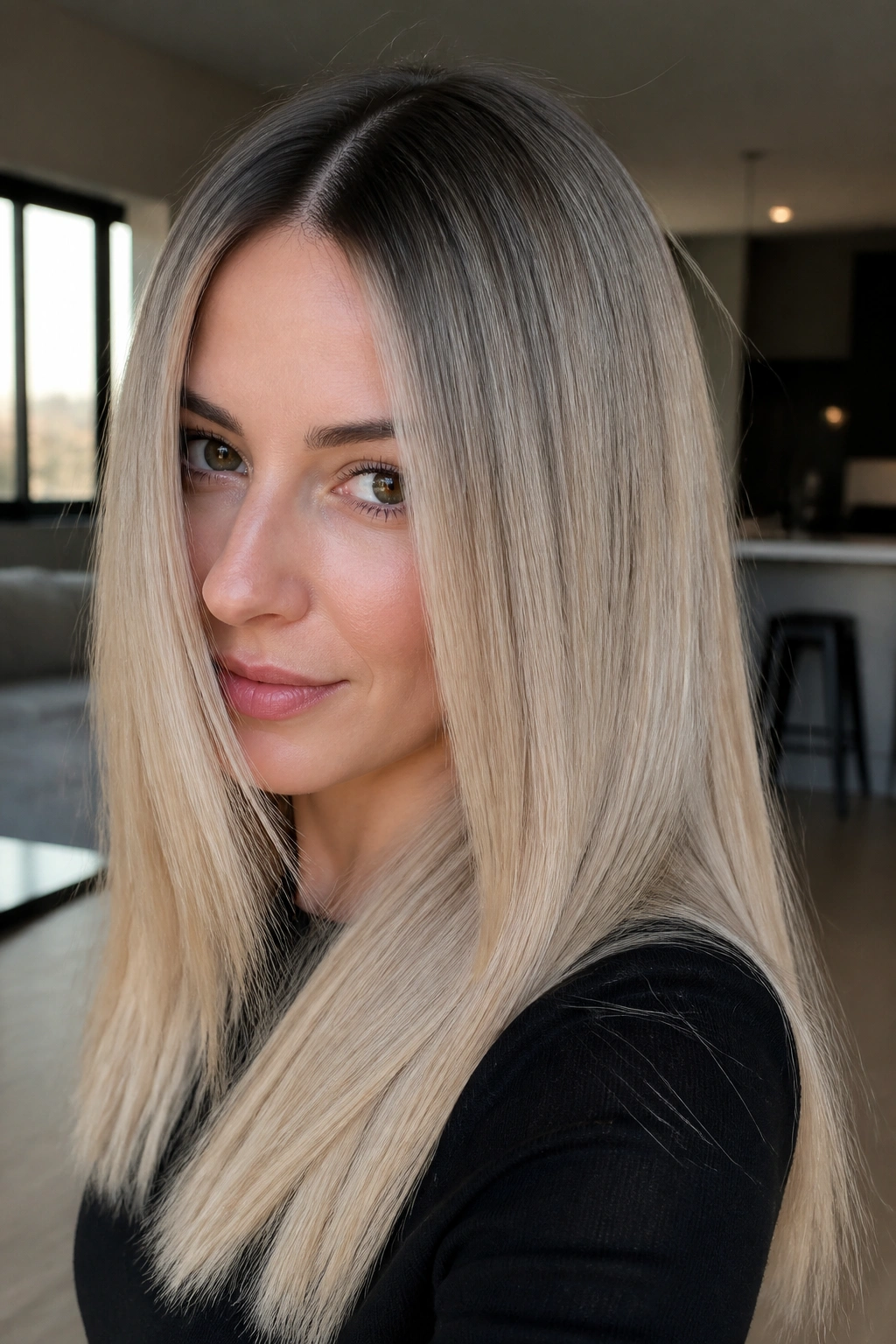 Close-up portrait of a person with a shadow root and straight ash-blonde lengths.