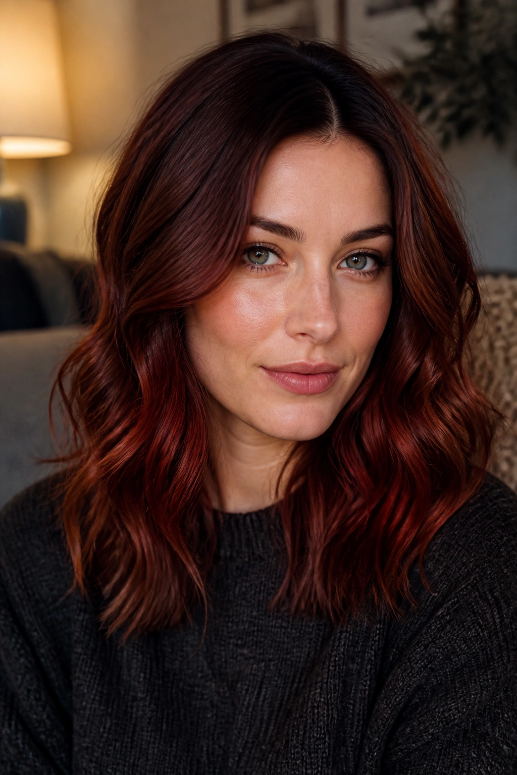 Portrait of a woman with deep auburn shadow root