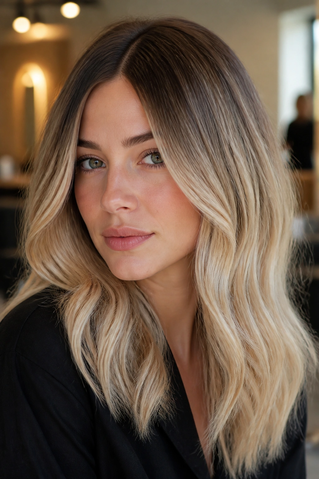 Real person with shadow-root blonde and soft lift, close-up hair portrait.