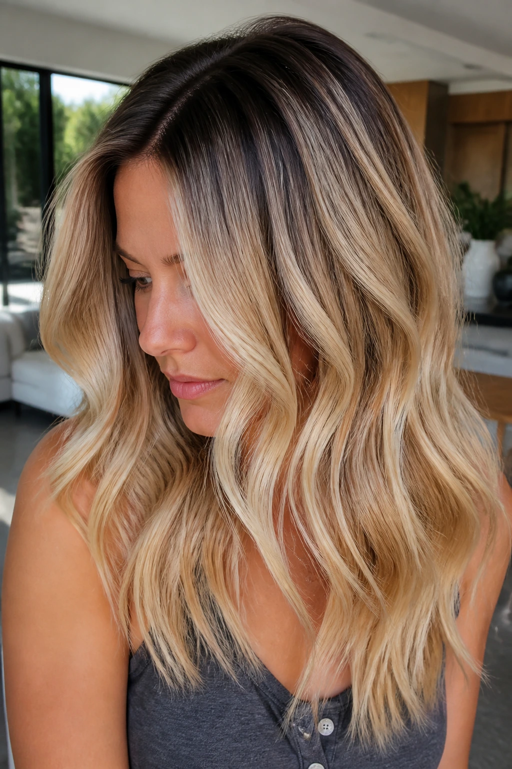 Close-up portrait of a real person with shadow root blonde hair