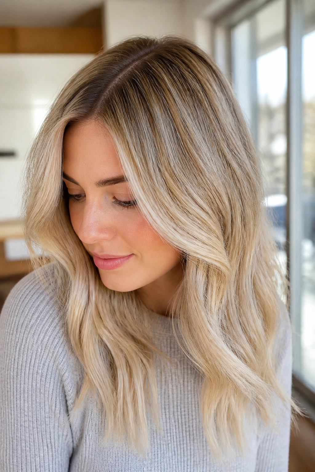 Close-up of a real woman with a shadow root for a softer blonde transition