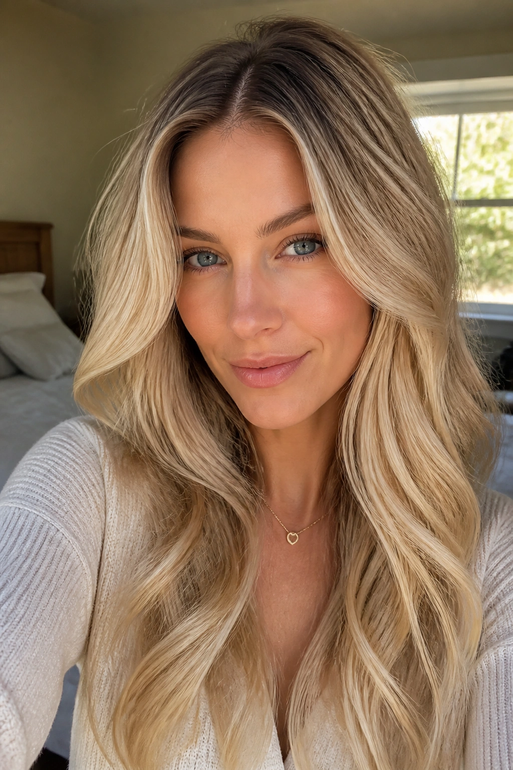 Close-up portrait of a real person with shadow root blonde hair