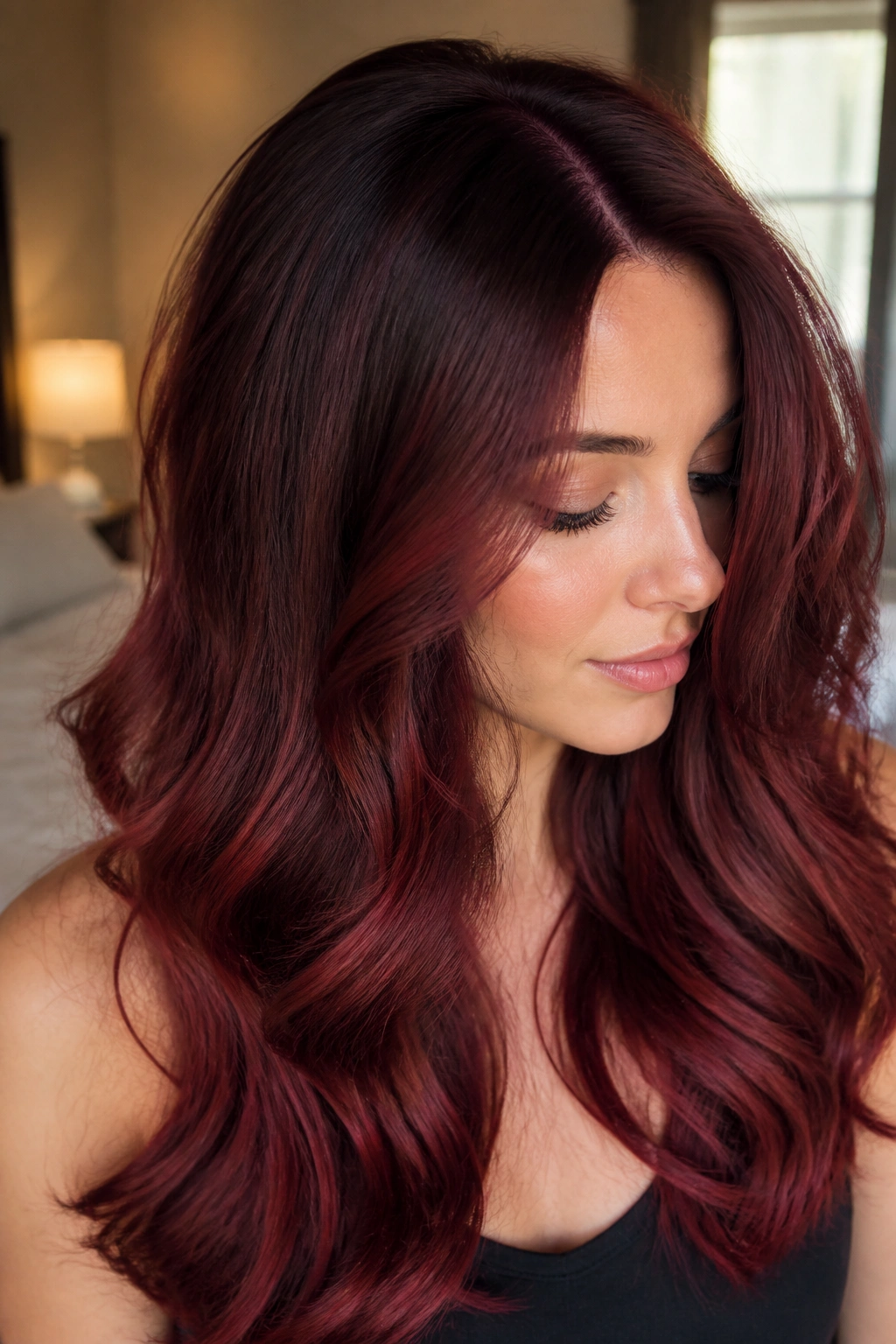 Close-up of a real woman with a burgundy shadow root and red velvet hair.