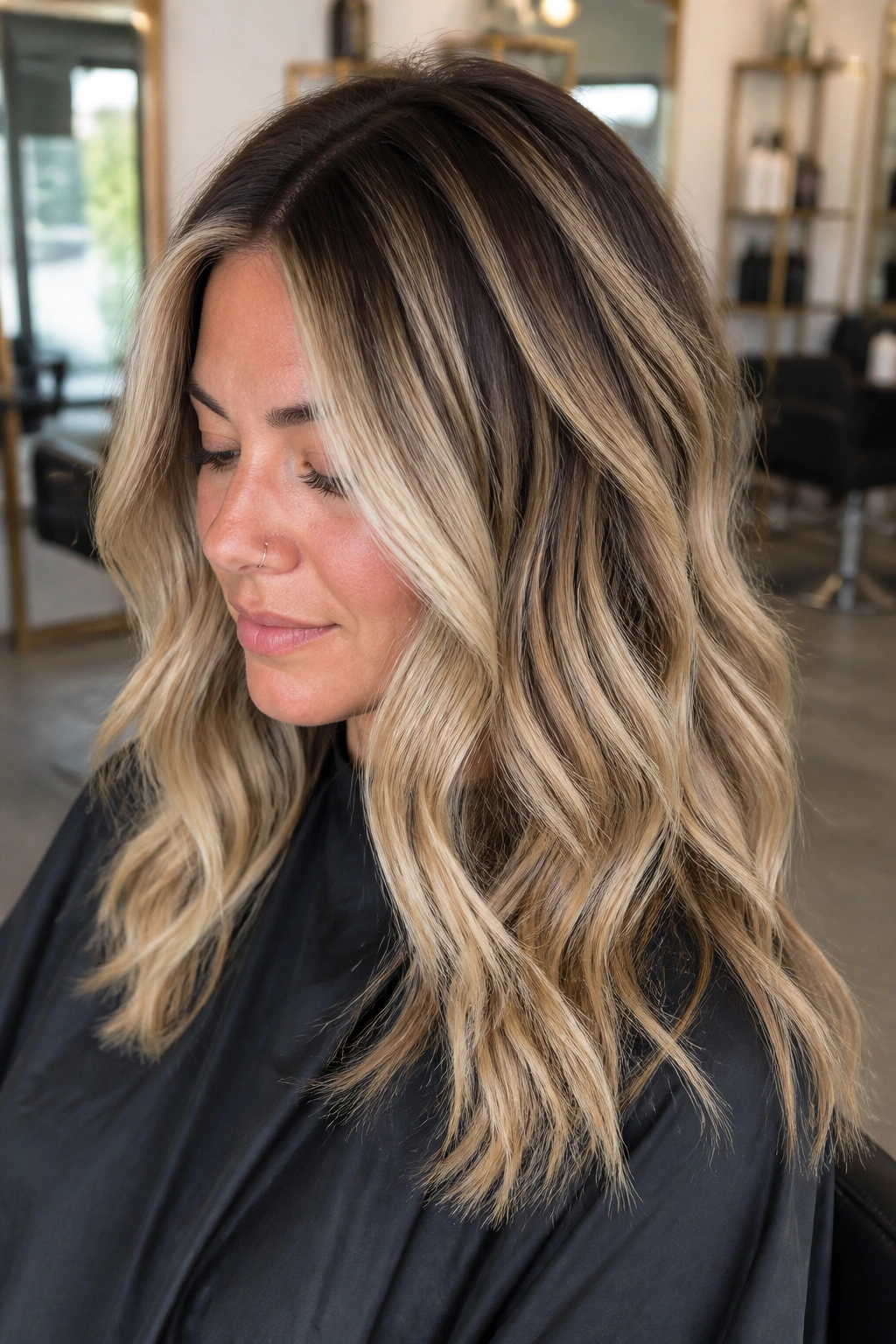 Portrait showing shadow-rooted chunky blonde highlights