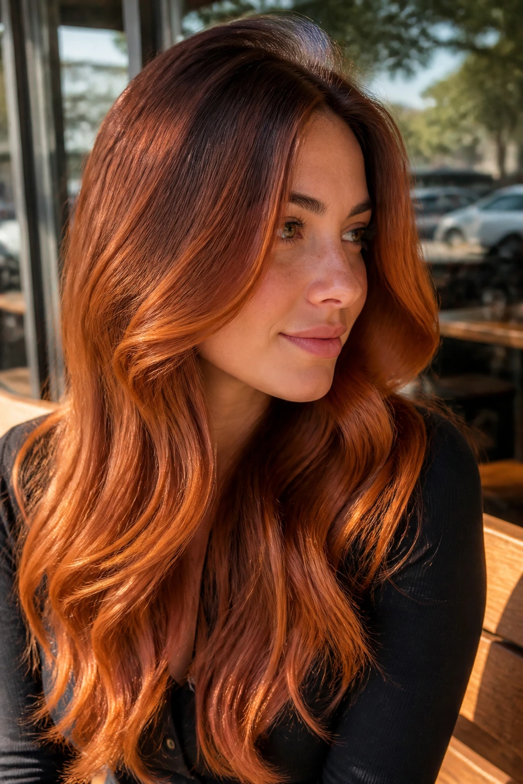 Close-up portrait of a real woman with long hair showing a darker shadow root and glossy copper ends