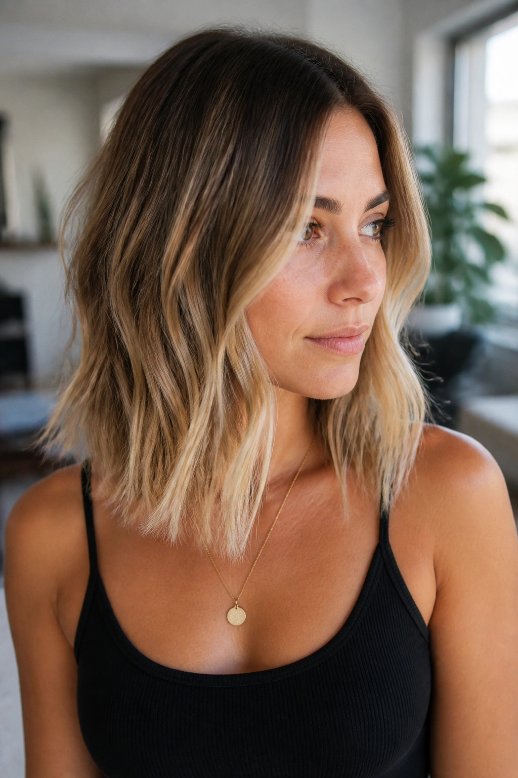 Close-up of a real woman with a shadow-root lob showing dark roots fading to blonde.