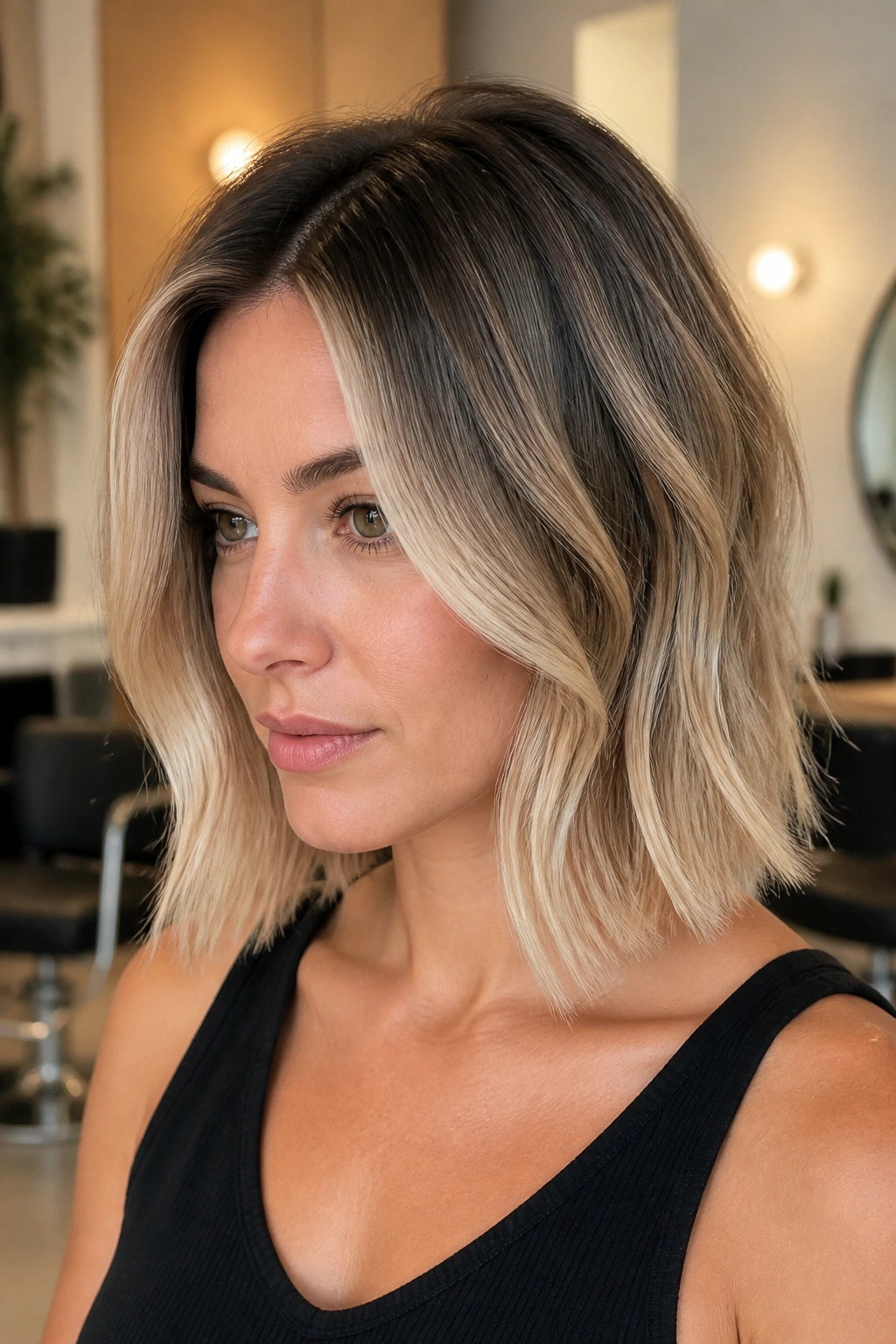 Close-up of a person with a shadow-root lob and a soft root melt into blonde mids.