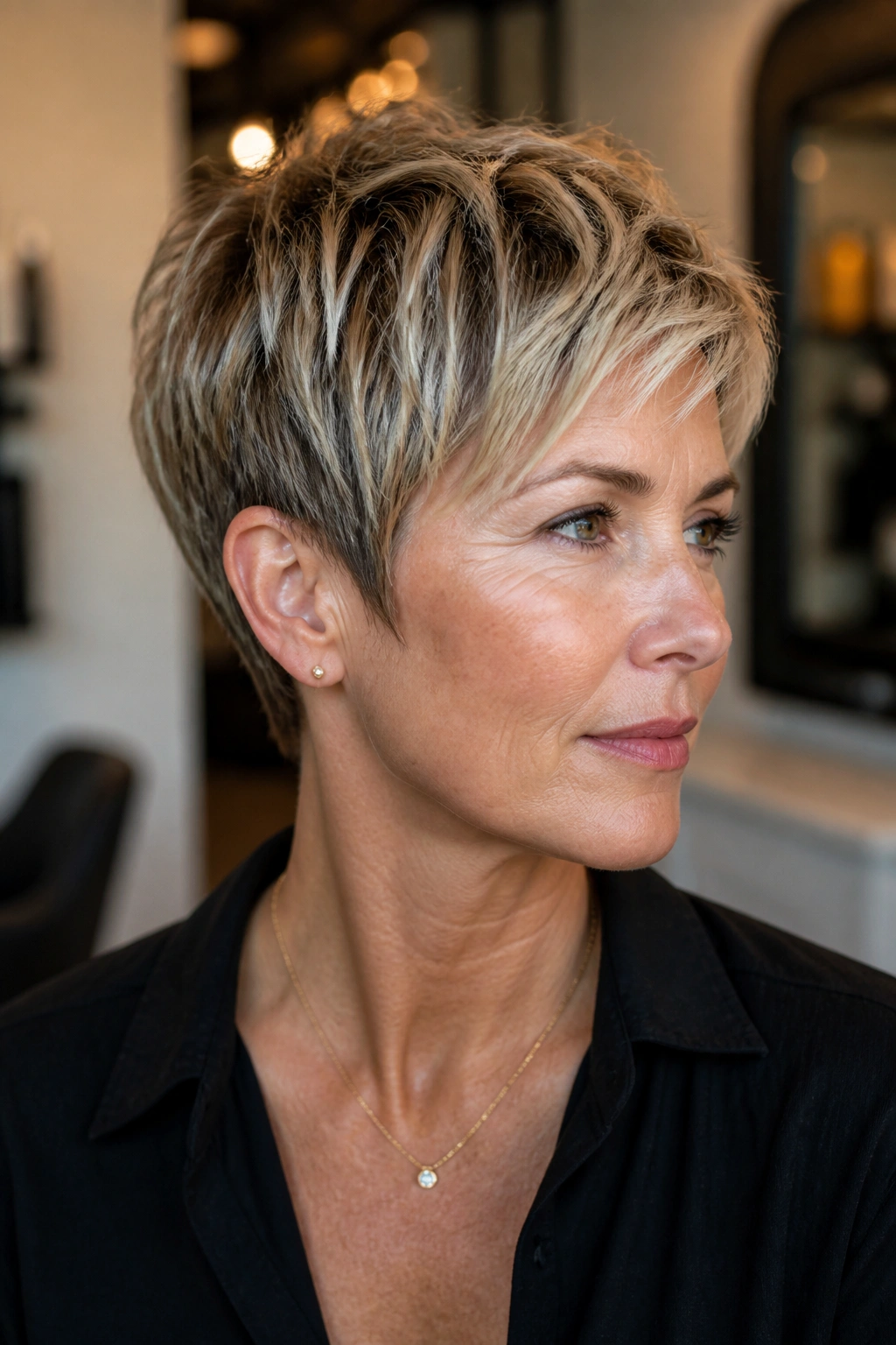 Close-up of a real person with shadow-root pixie showing dark roots and lighter lengths.