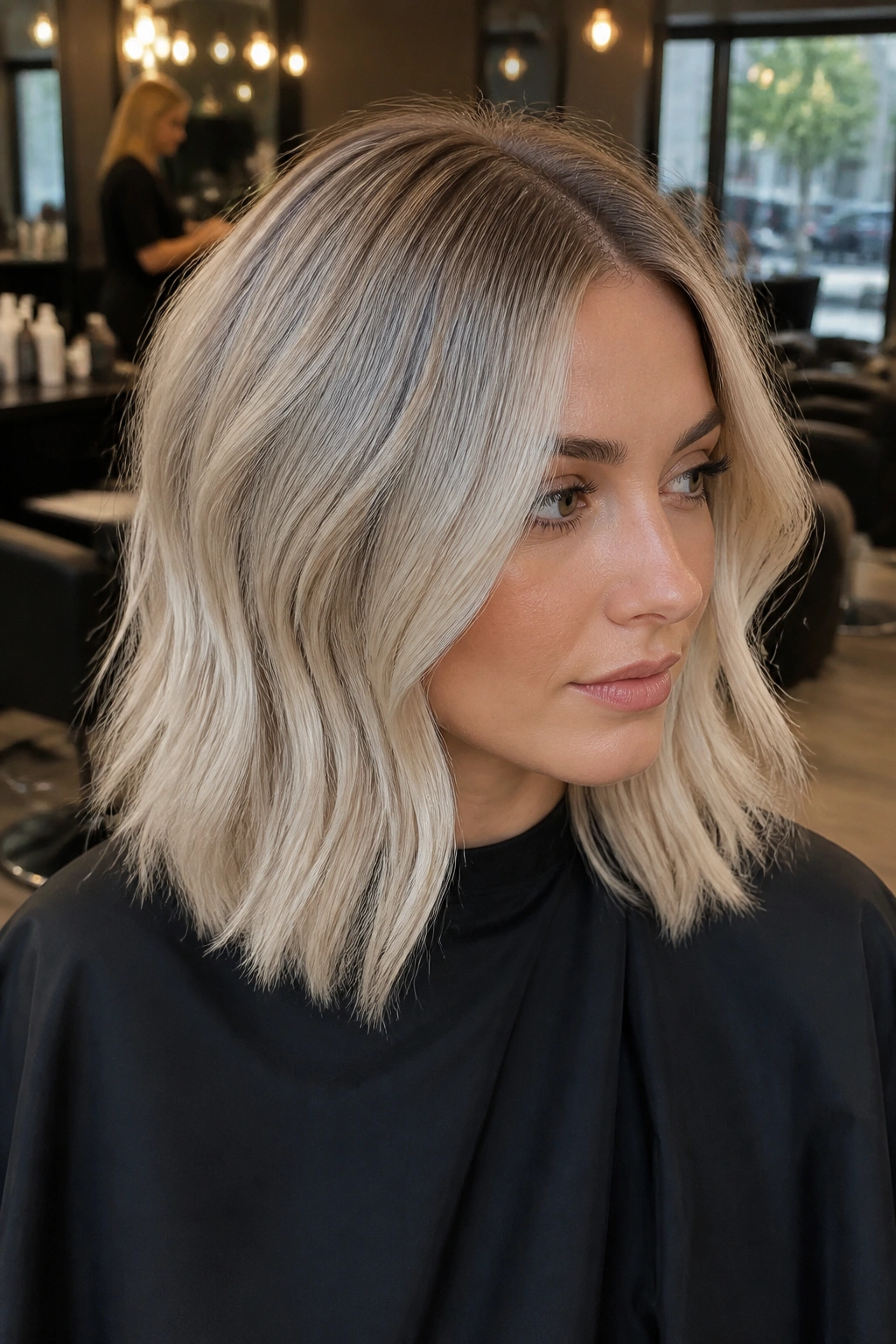 Close-up of real woman with shadow-root platinum lob and soft root melt in warm salon light