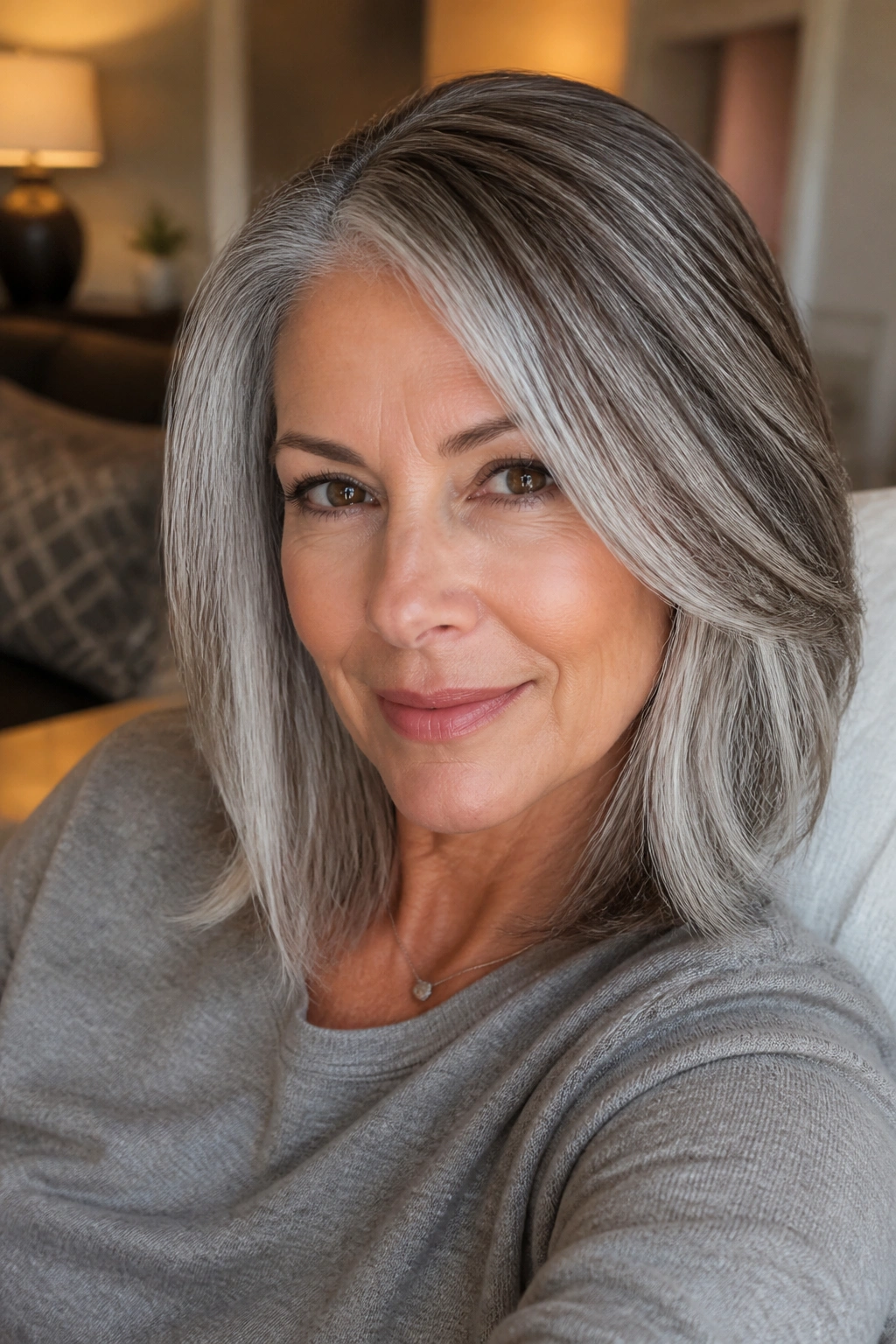Real woman with salt-and-pepper grow-out and shadow root in living room light