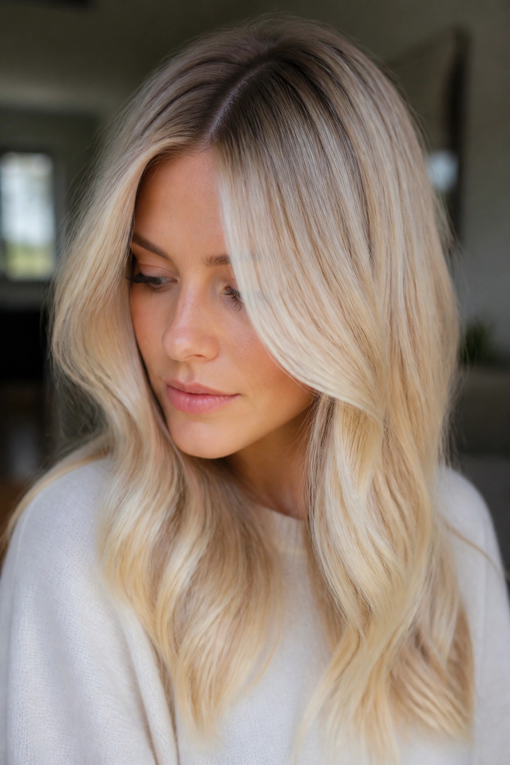 Close-up portrait of a real person with shadow-root vanilla blonde hair