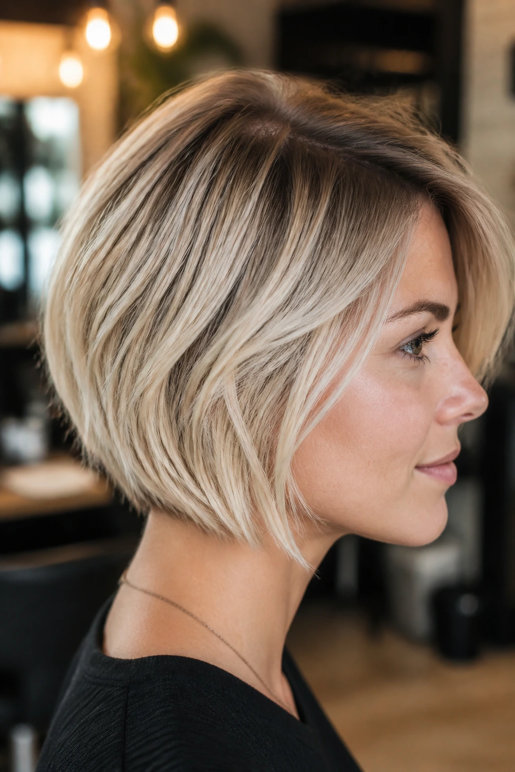 Close-up of a real person with shadow-rooted blonde hair and a soft root melt