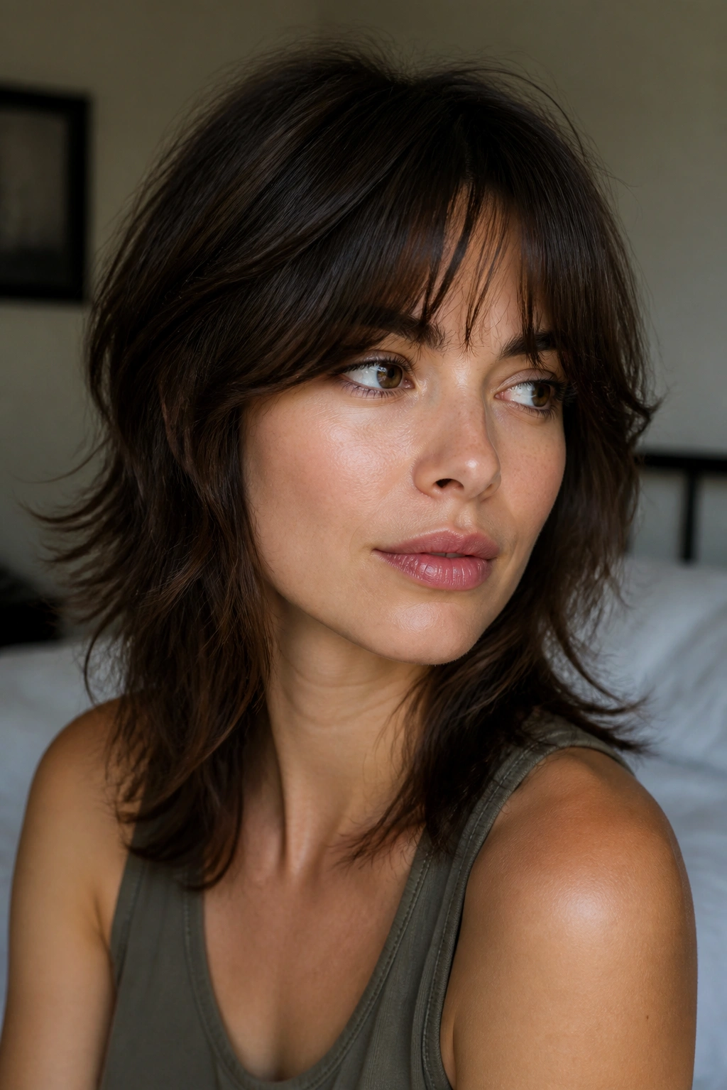Close-up portrait of a real woman with arched long bangs in a shag haircut, soft natural light