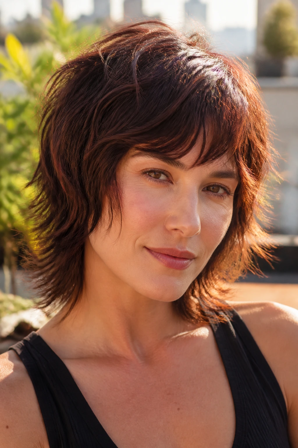 Close-up of a real person with smoky auburn shag and textured layers.
